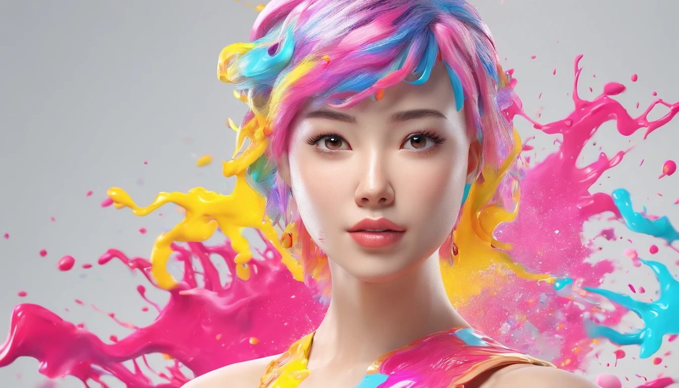 (Masterpiece, Best Quality, High Resolution), White Background, ((Paint Splash, Color Splash, Splash of Ink, Color Splash)), Sweet Chinese Girl, Rainbow Hair, Pink Lips, Front, Upper Body