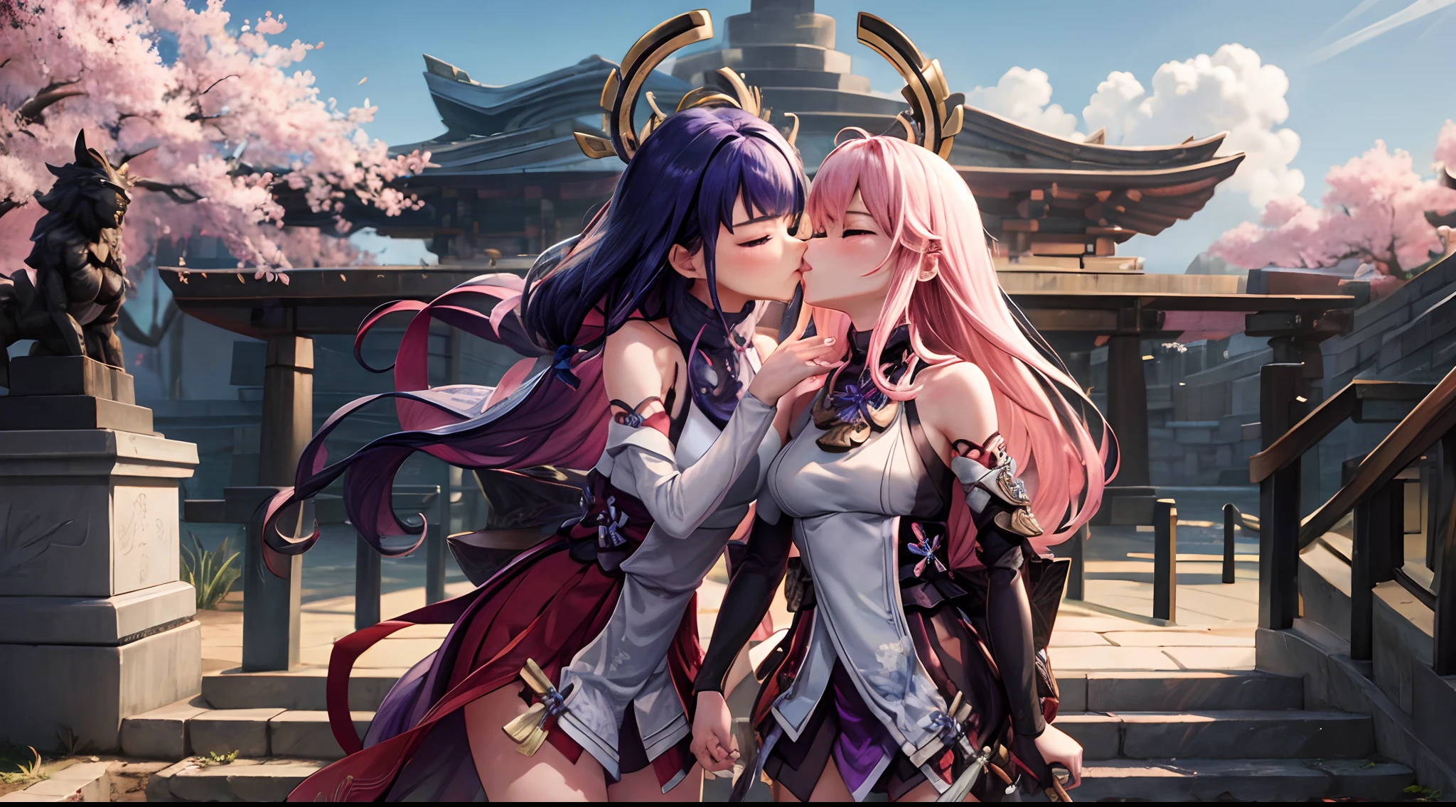 (masterpiece, best quality), 2girls, kissing, kiss, yuri, standing, cherry blossoms background, sakura, windy, blush, embarrassed, BREAK
Yae Miko, yaemikodef, BREAK
Raiden Shogun, raidenshogundef, Negative prompt: easynegative, bad-hands-5
Steps: 30, CFG scale: 8, Sampler: DPM++ 2M Karras, Seed: 1991013683, Clip skip: 2