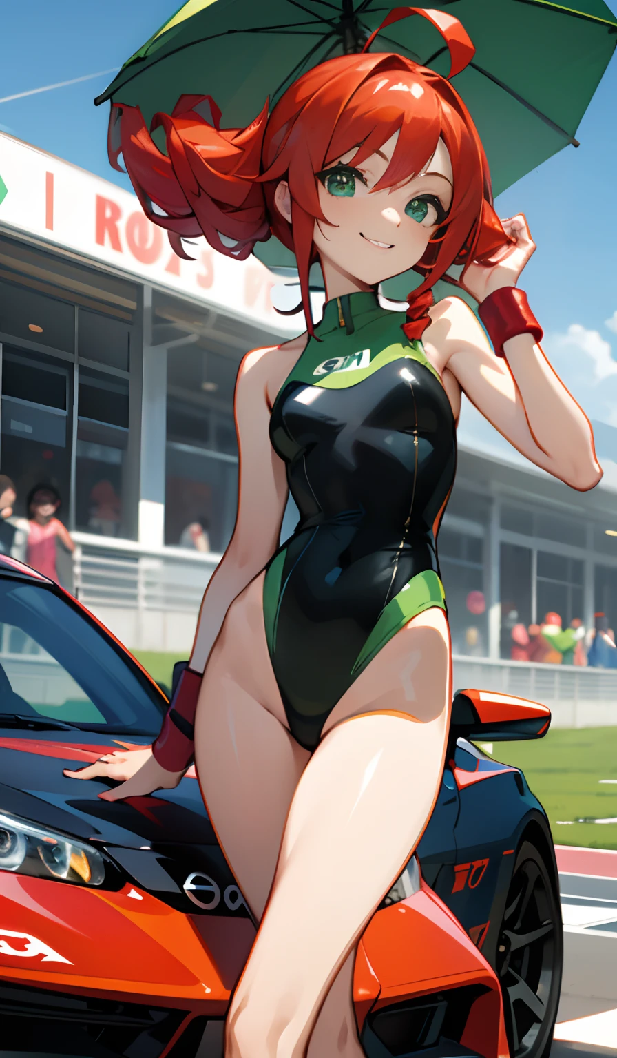 (Super Glossy Cola Green Kratex Leotard Swimsuit:1.3) , Ultra tight fit swimsuit with super reflective surface,Walking,Beautiful legs, Resistant to swimsuits,circuit.nffsw.Car Racing Girls ,circuit.nffsw.Car Race Gar,(toyota supra&Puyo Puyo)(circuit.nffsw.F,)(Eye Green、Character hair ornaments、red hairs、Ahoge、twin drills、wristbands)It's a soft laugh that makes the camera laugh quietly, Smile on your lips.............., Turning on the camera, Eta、If、Women's position，,Beautiful legs, Resistant to swimsuits, ,.nffsw.Car Race Gar,About the Asahi start time of the early morning circuit in late July，She is also a woman with an umbrella,If you want to do Camera Japan, You're going to pull a man with a camera Japan camera, however、If you're going to do it, It's going to be a cosplay event.