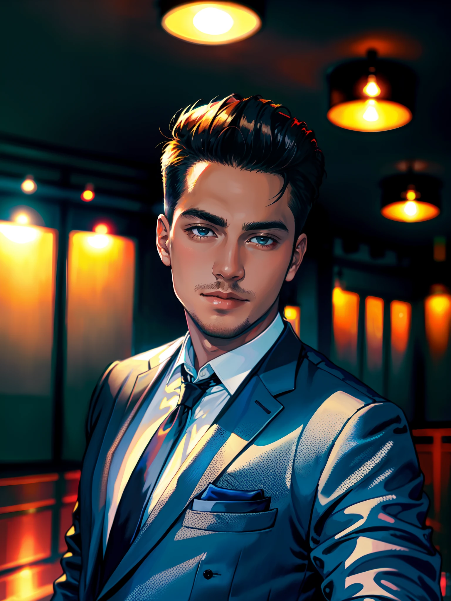 A young handsome man in a suit standing in an amazinv room, professional profile picture, detailed professional photo, landscapes
