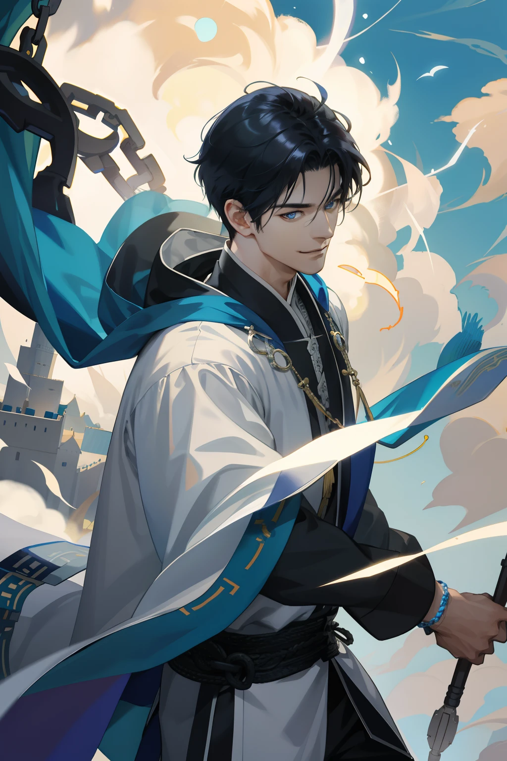 (absurderes, A high resolution, ultra - detailed), 1 A male in Chinese mythology, mature, There is a manhood, handsome, finely quality eyes, Complicated details, sportrait, 独奏, Half shot, detailedbackground,A firm smile、Battle Priest、Hovering in the air、bright clouds、Floating waste、Combat posture、Colored chain mail、Holy blow、Bright, realistic lighting、Burning village、hooding、Armory、Hair flutters in the wind,