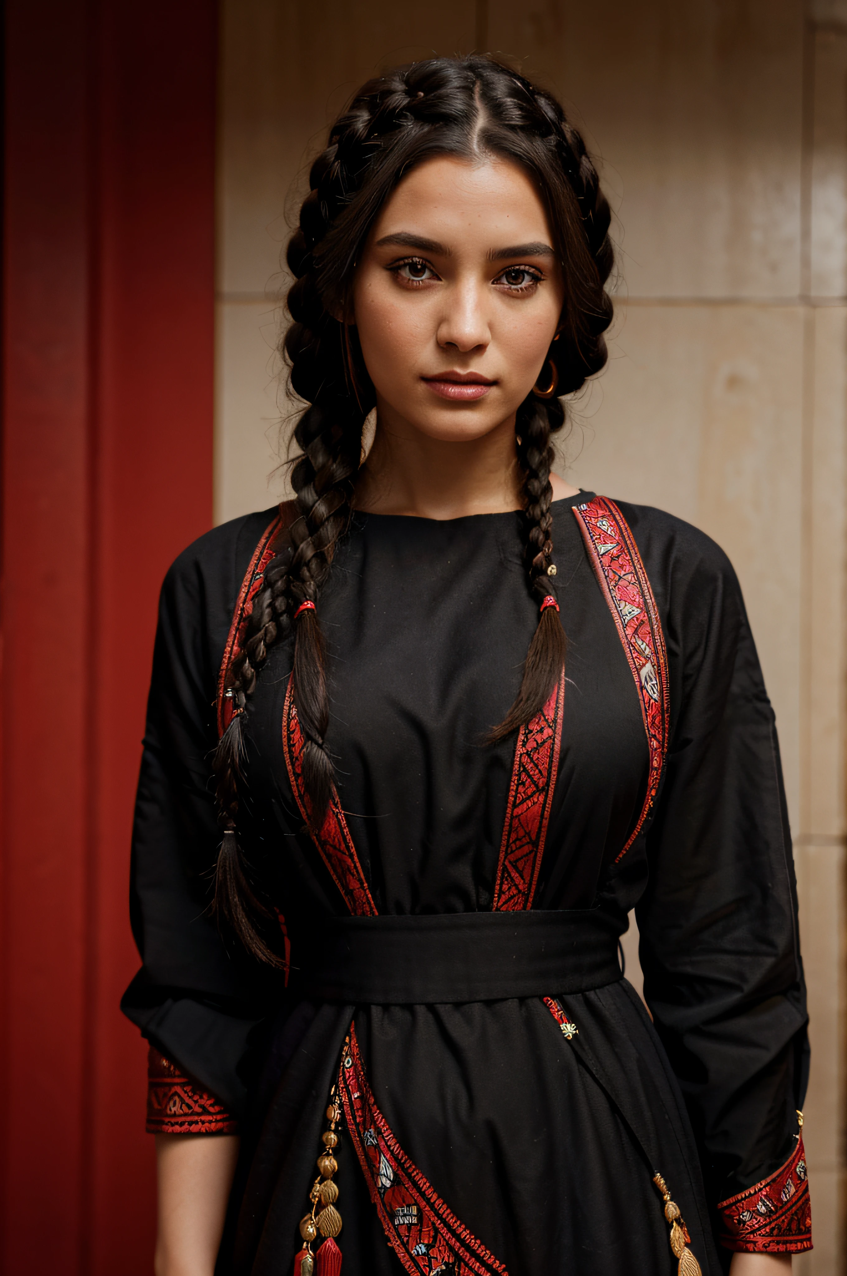 Beautiful brunette, two black braids, Arabic appearance, black dress with red patterns, realistic, photography, hyper-detailed, hyperrealism