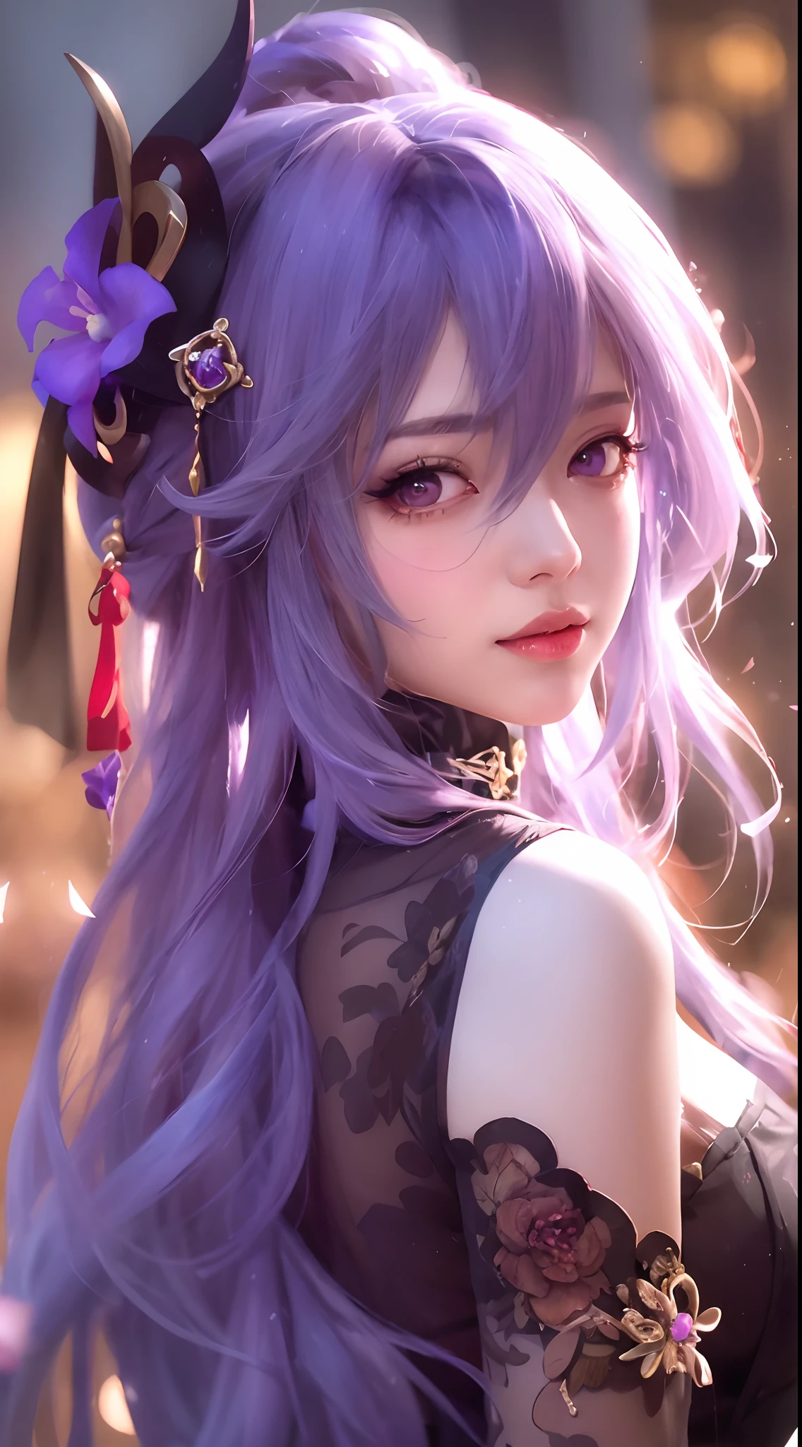 Anime girl with purple hair and black top with flowers in her hair, anime style 4 k, Beautiful Anime Portrait, artwork in the style of guweiz, guweiz, Anime style. 8K, Beautiful anime girl, Portrait Anime Girl, Stunning anime face portrait, 8k artgerm bokeh, 8k high quality detailed art