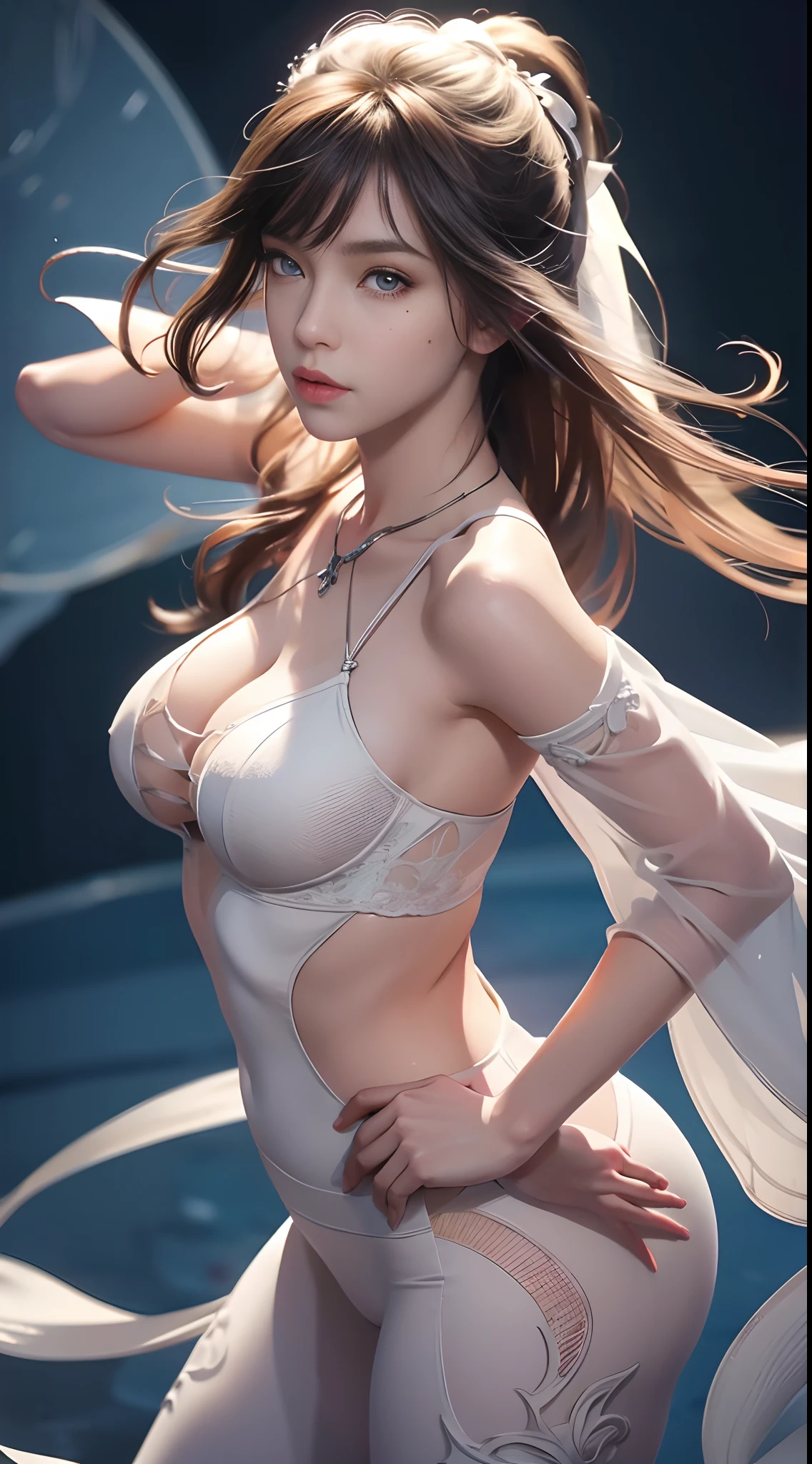 (hyperrealistic), (illustration), (high resolution), (8K), (extremely detailed), (best illustration), (beautiful detailed eyes), (best quality), (ultra-detailed), (masterpiece), ( wallpaper), (detailed face), solo, 1 girl, white wavy hair, korean, heterochromic eyes, small moles under the eyes, loose white shirt, yoga pants, big breasts, long legs, tight abs, camel toes, dynamic pose