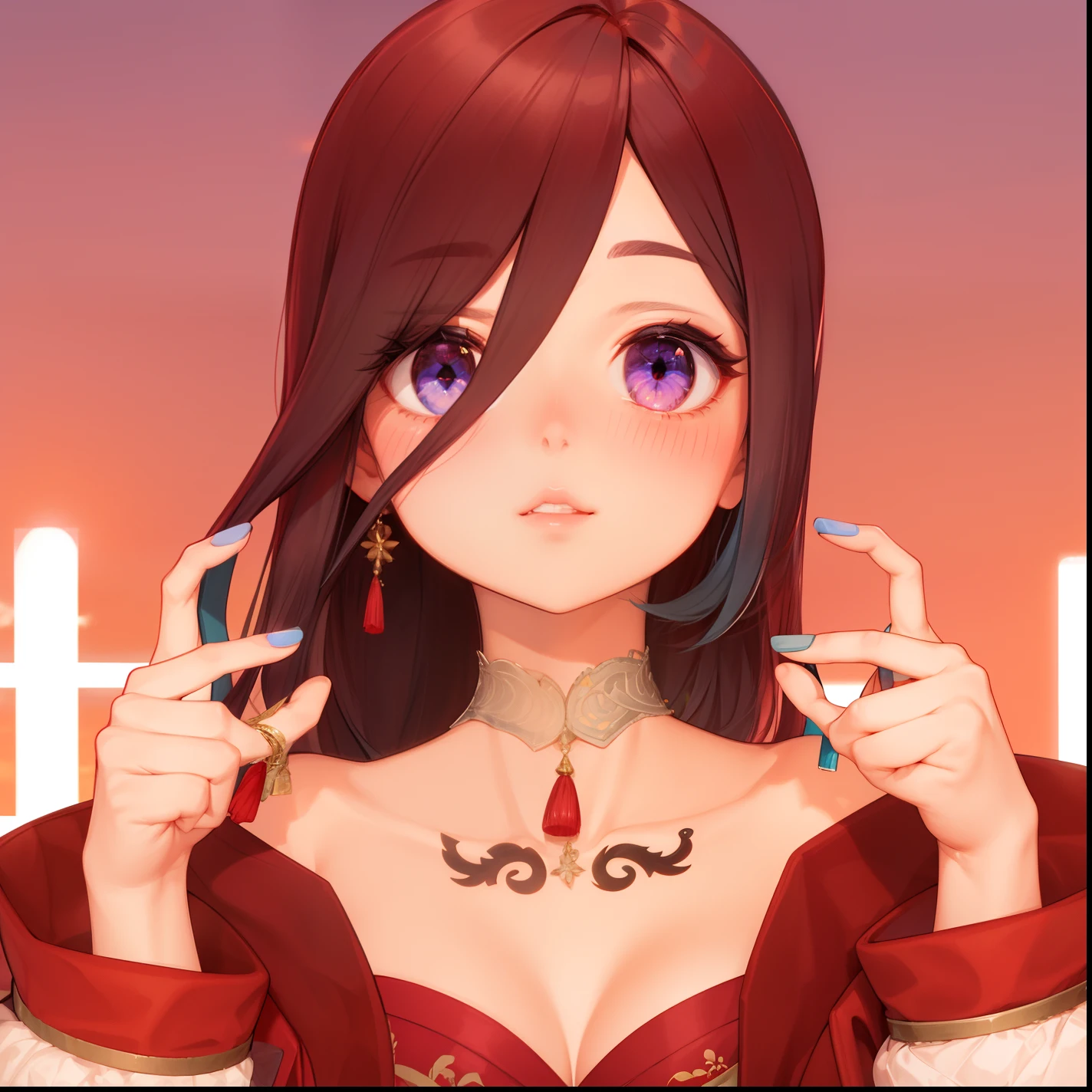 realistic, 1girl, white hair, purple eyes, glowing eyes, crop top, skirt, parted lips, blush, night, flowers, sun, sunlight,