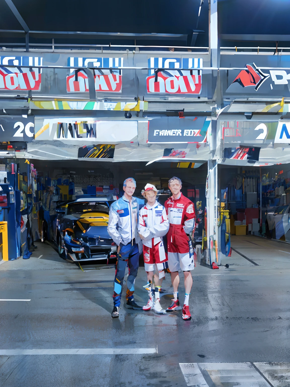 three men standing in front of a racing car in a garage, rob and hildebrandt, by Warren Mahy, by Bernie D’Andrea, trio, 2 0 2 2 photo, celebrity, at racer track, zac retz, kyle mclaughlin, myself, a, photo taken with provia, by Ben Thompson, by Lisa Milroy, full-body-shot