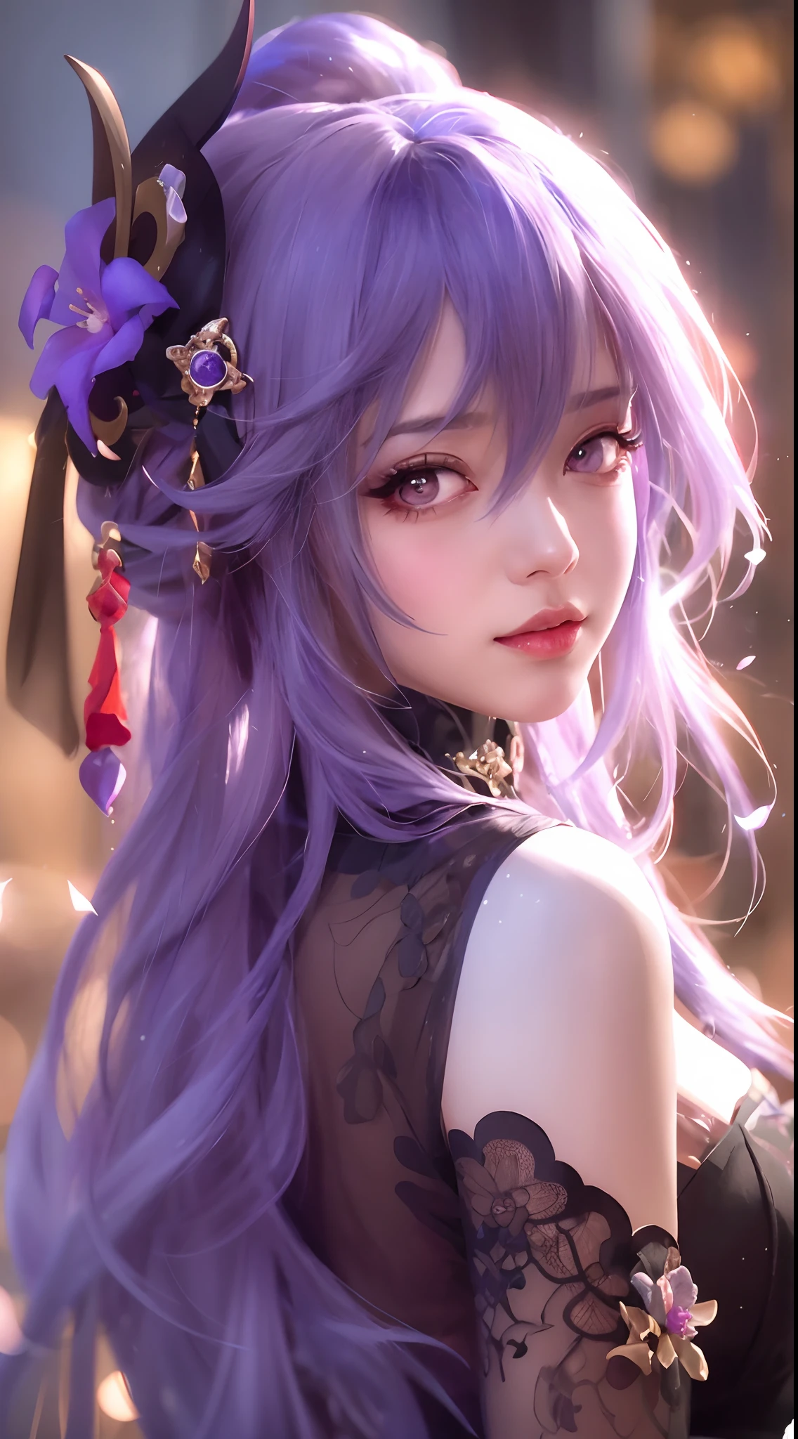 A close up of a woman with long purple hair and a flower in her hair ...