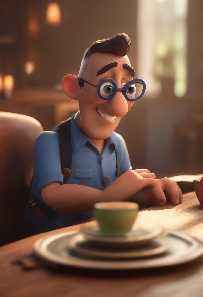 Cartoon character of a man with black glasses and a blue shirt, animation character, Caractere estilizado, animation style rendering, 3D estilizado, Arnold Maya render, 3 d render stylized, toon render keyshot, Personagem 3D, Personagem 3D, 3d rendering stylized, 3 d character render, personagem de desenho animado, Personagem de close up, Pose de personagem,  (Estilo Pixar) (master part:1.2) (Bokeh) (best quality) (pele detalhada) (textura detalhada) (8k) (argila) (Cinematic lighting) (foco nítido
