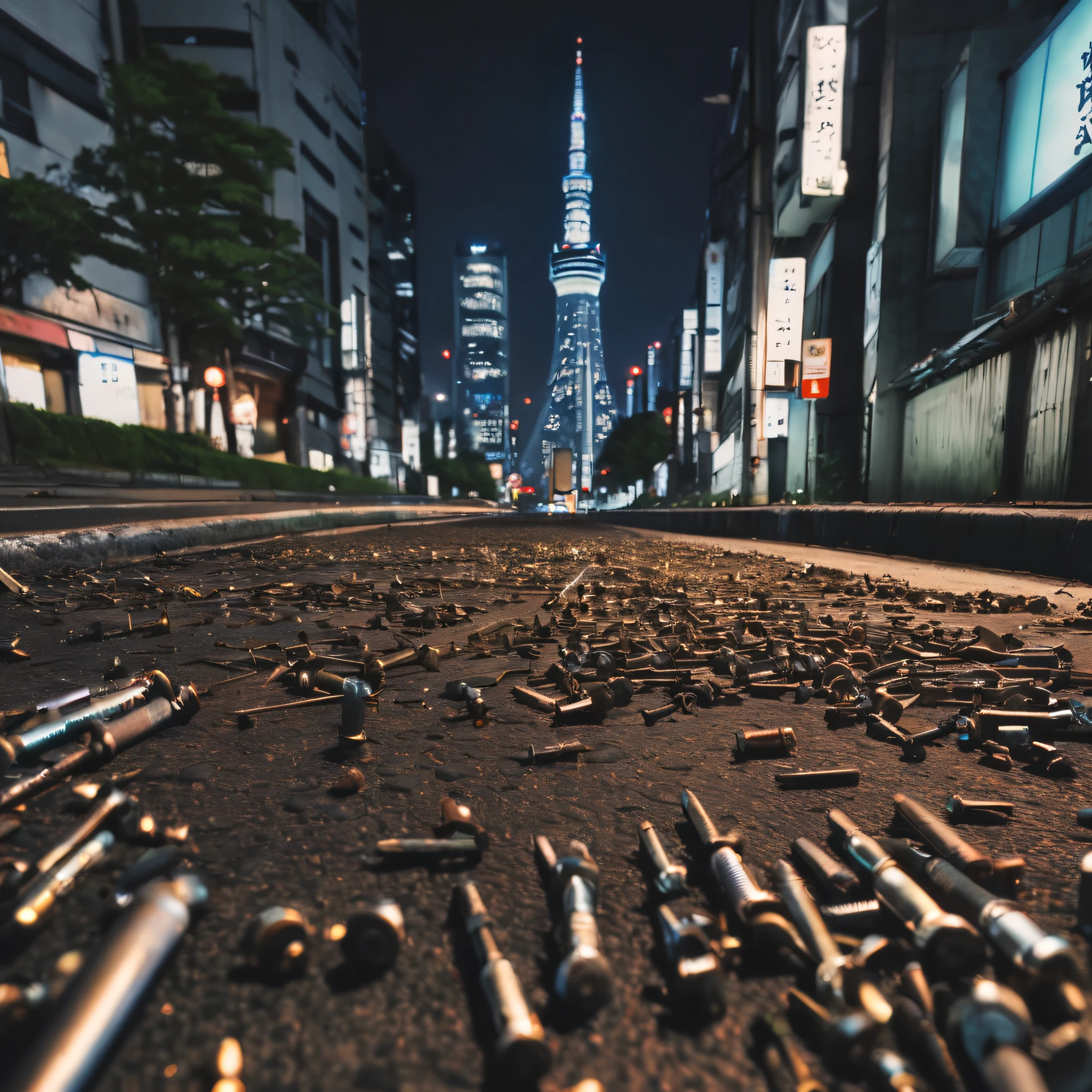 Tokyo at night in the background, Streets lined with beautiful buildings、screw、Rusty screws and nails are scattered、A large amount of screws and nails、There are a lot of、The location is a road in Tokyo、TOKYOcty、hightquality