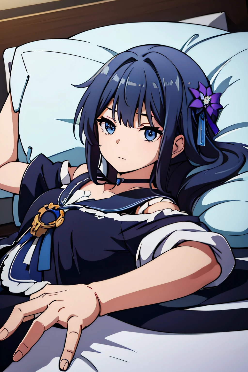 (1girl in),(beautiful eyes finely detailed, Face to detail, blue hair, wolf-cut), medical suit, lying down her back in bed, and shy facial expression, looking at viewers, camera angle from front, full body, masterpiece sidelighting, ​masterpiece, top-quality, detailed, High resolution illustration