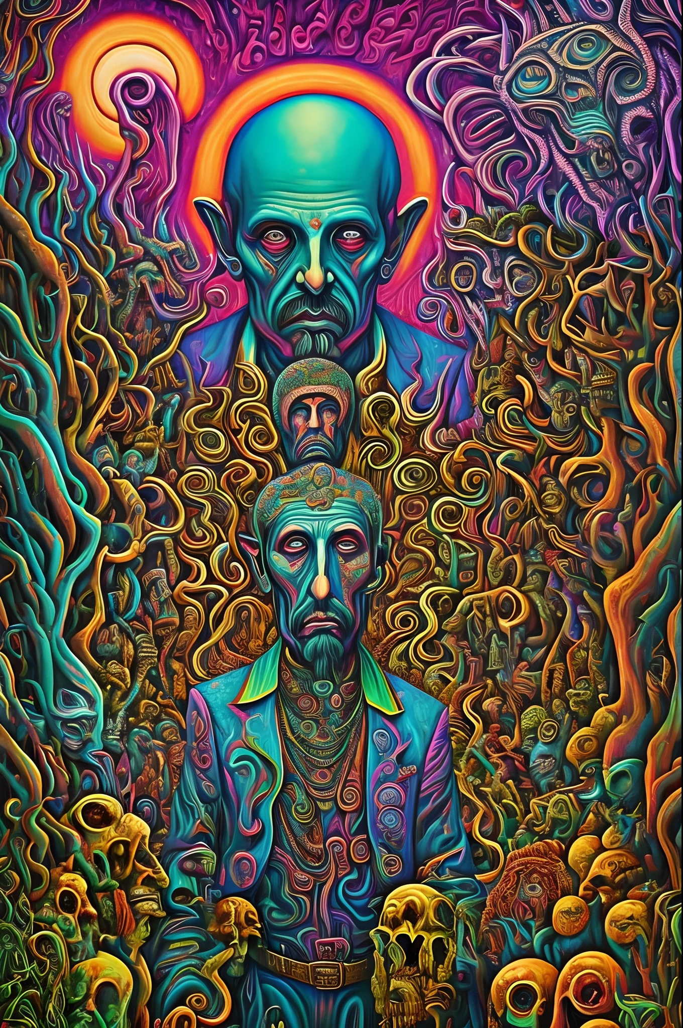 a painting of a man surrounded by monsters and monsters, its a deep dream, casey weldon, psychedelic illustration, psychedelic cosmic horror, hypersurreal, psychodelic, shamanic horror lsd art, psychedelic surreal art, hallucinatory art, deep dream, chris dyer, scary detailed art in color, psychedelics, psychedelic artwork, psychedelic trip, scary art in color