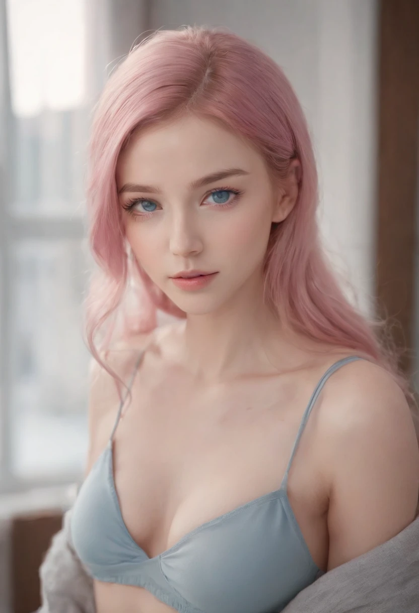 Corps, completo, Detailed blue eyes, 18 year old anime girl, Not wearing clothing, completely, No censorship, , pretty anime girl, A pink-haired, Volume 2, Pink sweatpants, Professional Lighting, photo realistic render