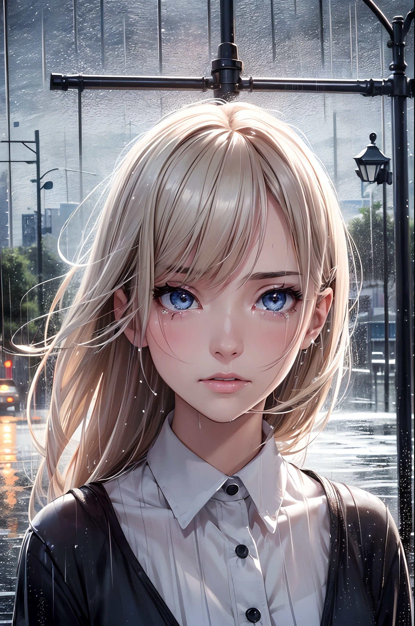 Photorealistic, highest quality, highest resolution, super detailed, 16k, movie lighting, (rainy night:1.4), crying girl, big tears, wet in the rain, wet hair, street lamp light, detailed eyes, Expressions of sadness, tears rolling down cheeks, angles of view that look like classic movies, works by famous directors, (1girl in:1.4),Best Quality, masutepiece, (Realistic:1.2), Young Woman, lady, Detailed face, Detailed eyes, detailed hairs, Detailed skin,look at viewr, Dramatic, Vibrant, 50 millimeters,F1.2, EOS R8,(Best Quality Detail:1.2),8K High Definition,