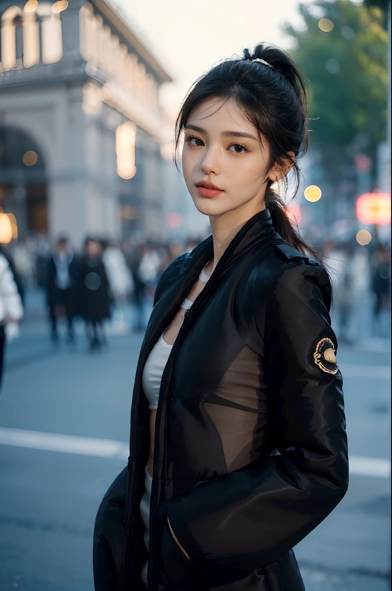 (shoulder length straight short black hair:1.2),((((8k))),(Extremely meticulous CG) ,(wallpaper),16k,(Extremely refined and beautiful），（Masterpiece），（best qualtiy：1.0），（Ultra High Resolution：1.0），beautiful light up，Perfect lightning，realistic shaded，[A high resolution],(Smooth and flawless fair skin:1.5),Extremely exquisite facial details,(perfect body：1.1),ultra - detailed,A beautiful girl,small head,(very short ponytail:1.2),(Small breasts:1.1),Flat chests，slim，thin，Smile，cheerfulness,(long black puffer coat:1.5),(see through black full body pantyhose:1.3),（black sneakers:1.2),slender legs,(nightfall:1.5),Sunset light,(Surrounded by a crowded crowd:1.5),At the school gate,(upper body:1.1),from front