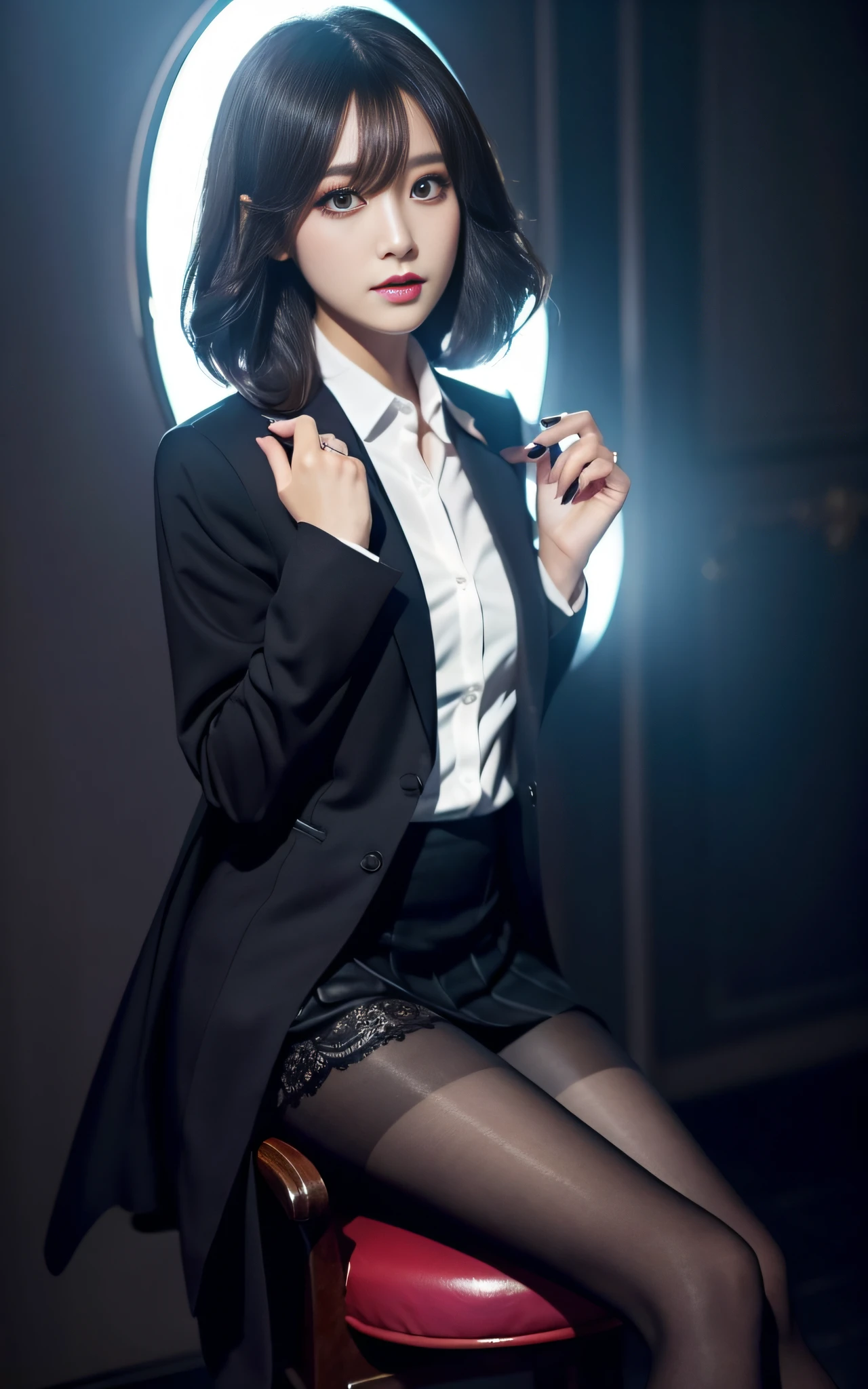 Charming beauties、thighband pantyhose、Suit jacket、Black pleated skirt、Glossy legs、Dyed in darkness、lacy fabric、Brainwashing makeup、brainwashed、Hollow eyes
