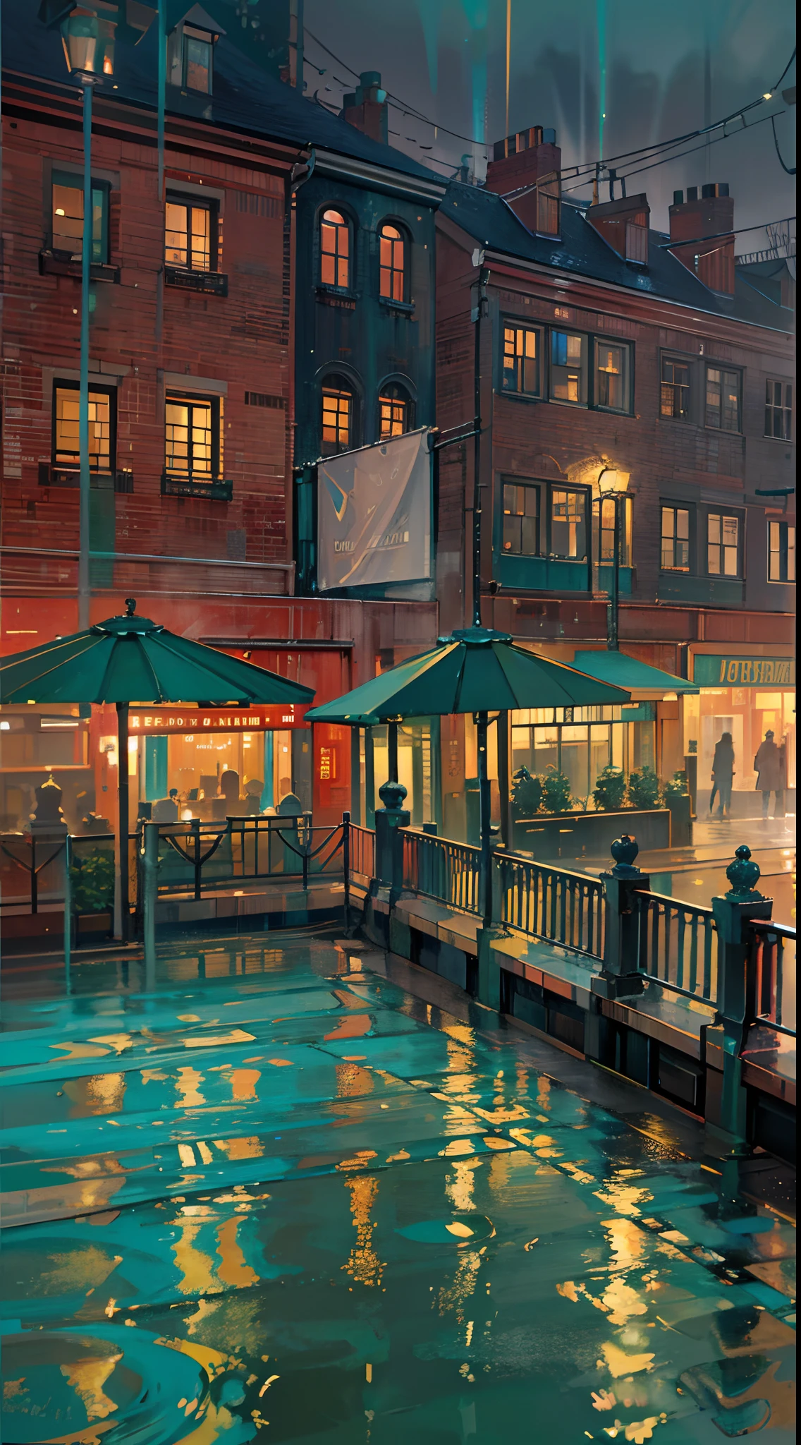An image of a mesmerizing rain-soaked cityscape at night, with vibrant neon lights reflecting off the wet pavement, creating a magical and ethereal atmosphere. The buildings are adorned with shimmering streams of water, giving a sense of motion and life to the scene. The raindrops are depicted in exquisite detail, capturing their shimmer and delicacy. This artwork is reminiscent of the works of Claude Monet and James Whistler, with their ability to capture the beauty of urban landscapes in different lighting conditions.