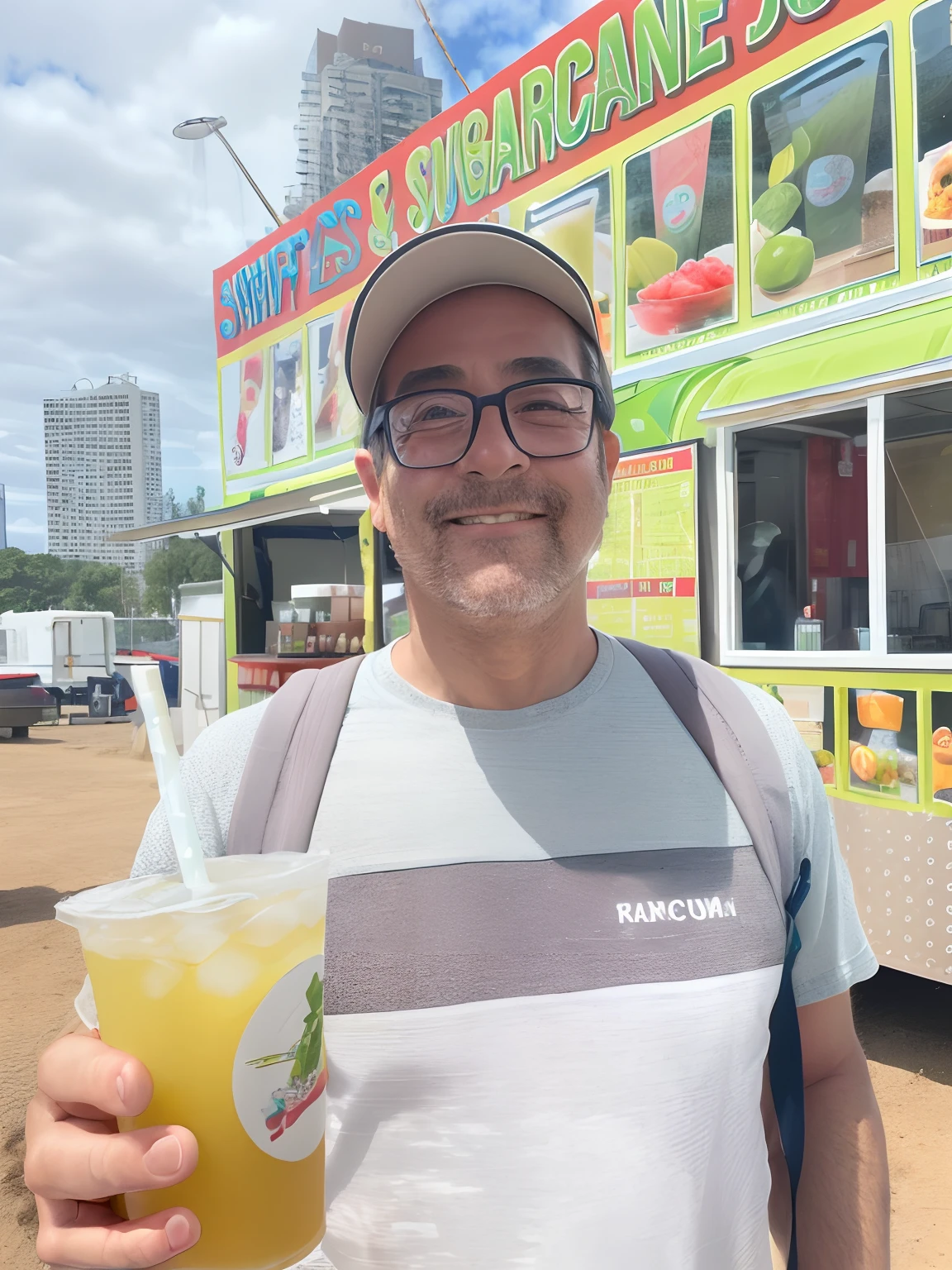 smiling man holding a drink in front of a food truck, getting his tacos and drink), by Drew Tucker, drink, by Bernie D’Andrea, by Romain brook, by Dan Frazier, frank franzzeta and sakimichan, by Tom Wänerstrand, michael okuda, by Byron Galvez, daniel mirante, by Whitney Sherman