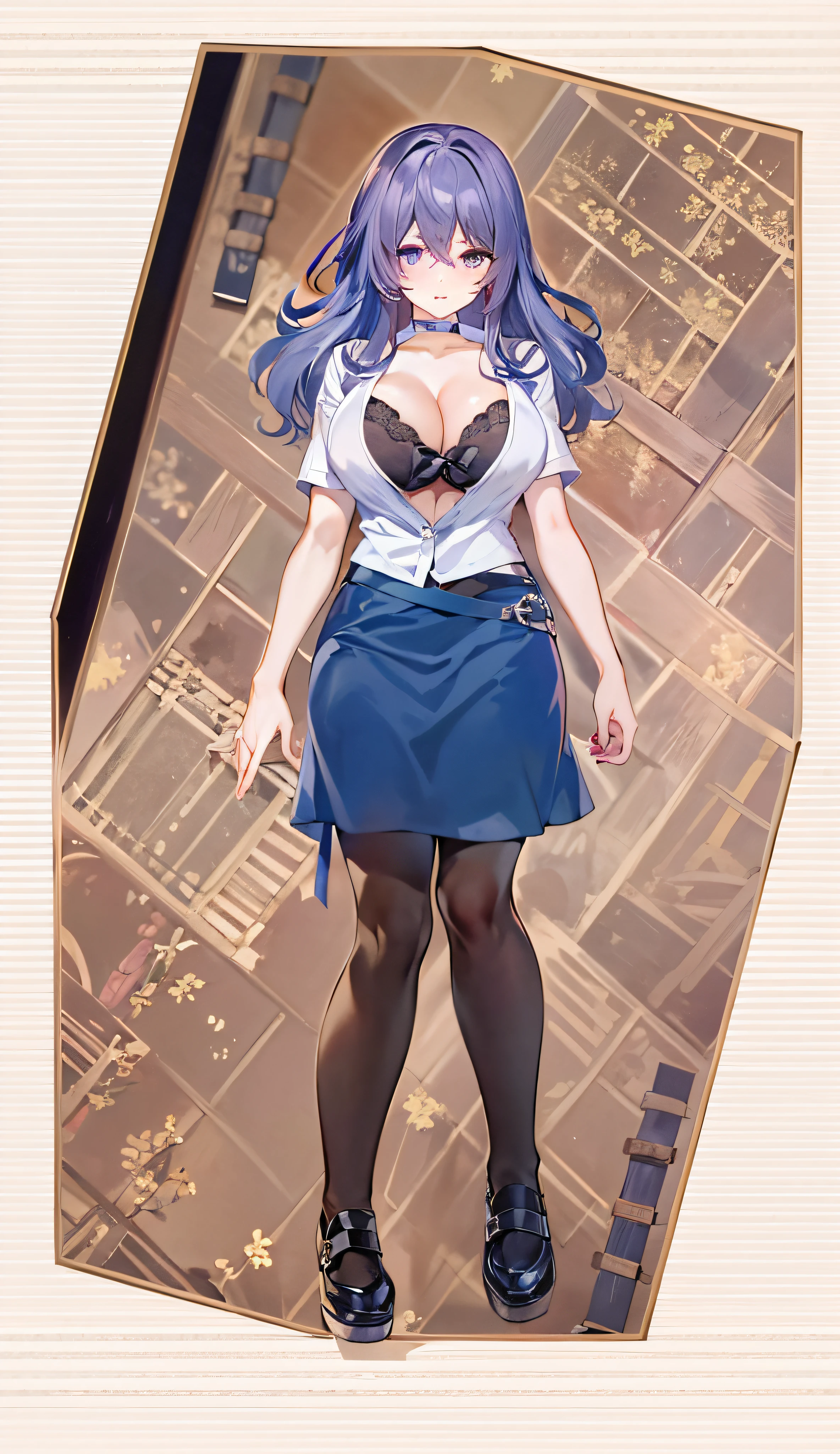 Anime character with purple hair and blue skirt standing in front of a brown background, Misato Katsuragi, anime moe art style, Marin Kitagawa fanart, shalltear from overlord, ecchi anime style, anime girl named lucy, hyuga hyuga, anime woman fullbody art, !!Full body portrait!!, :14 80s anime style