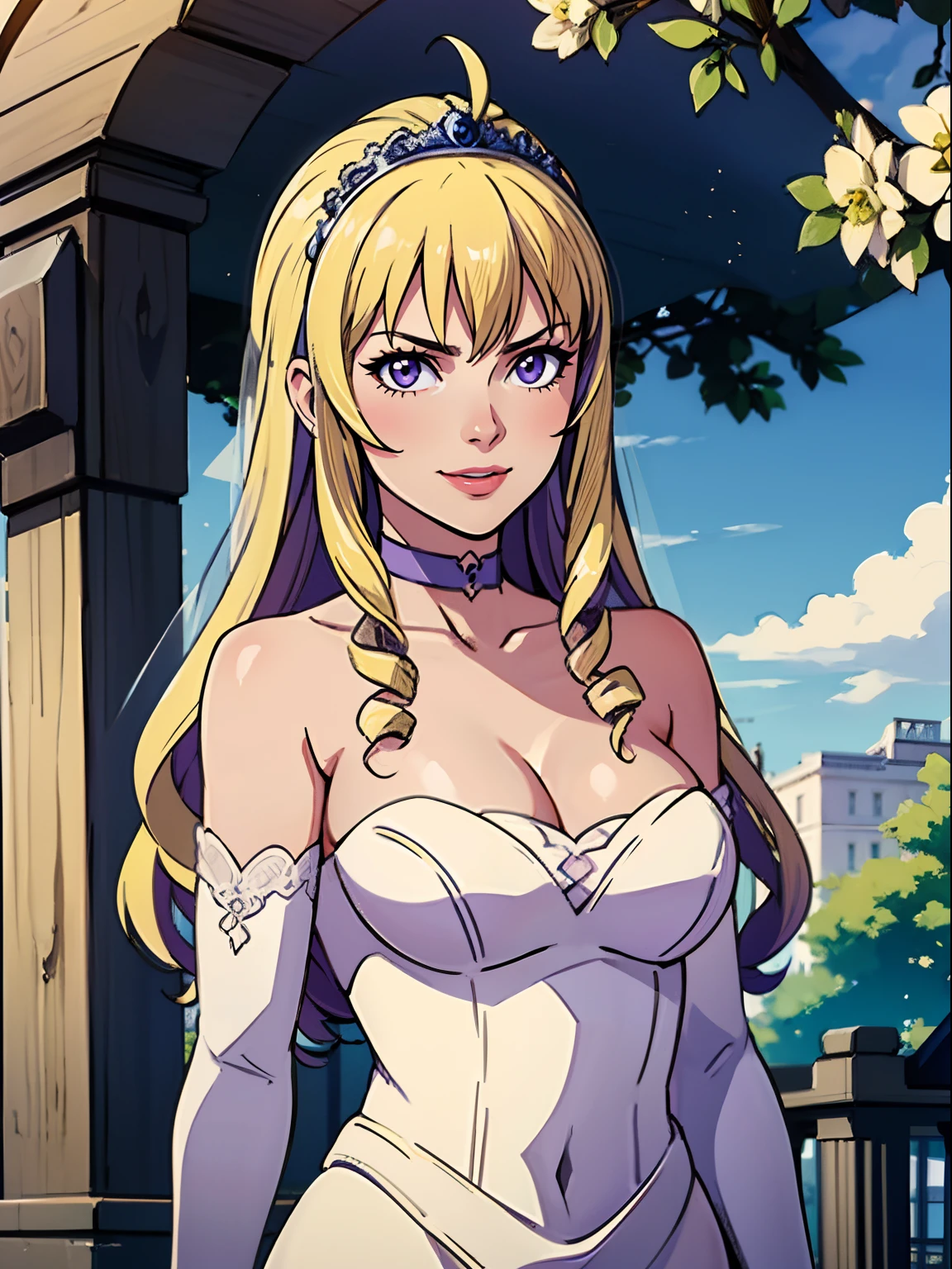 constance_timeskip, bangs, purple eyes, blonde hair, hair between eyes, ahoge, hair ornament, gloves, dress, cleavage, bare shoulders, collarbone, white oprea gloves, white gloves, white dress, strapless, white choker, tiara, veil, strapless dress, wedding dress, bridal veil, beautiful woman, perfect body, perfect breasts, wearing a wedding dress, ball gown, in the park trees, wedding decorations, looking at the viewer, in loves smile, realism, masterpiece, textured skin, super detail, high detail, high quality, best quality, 1080p,