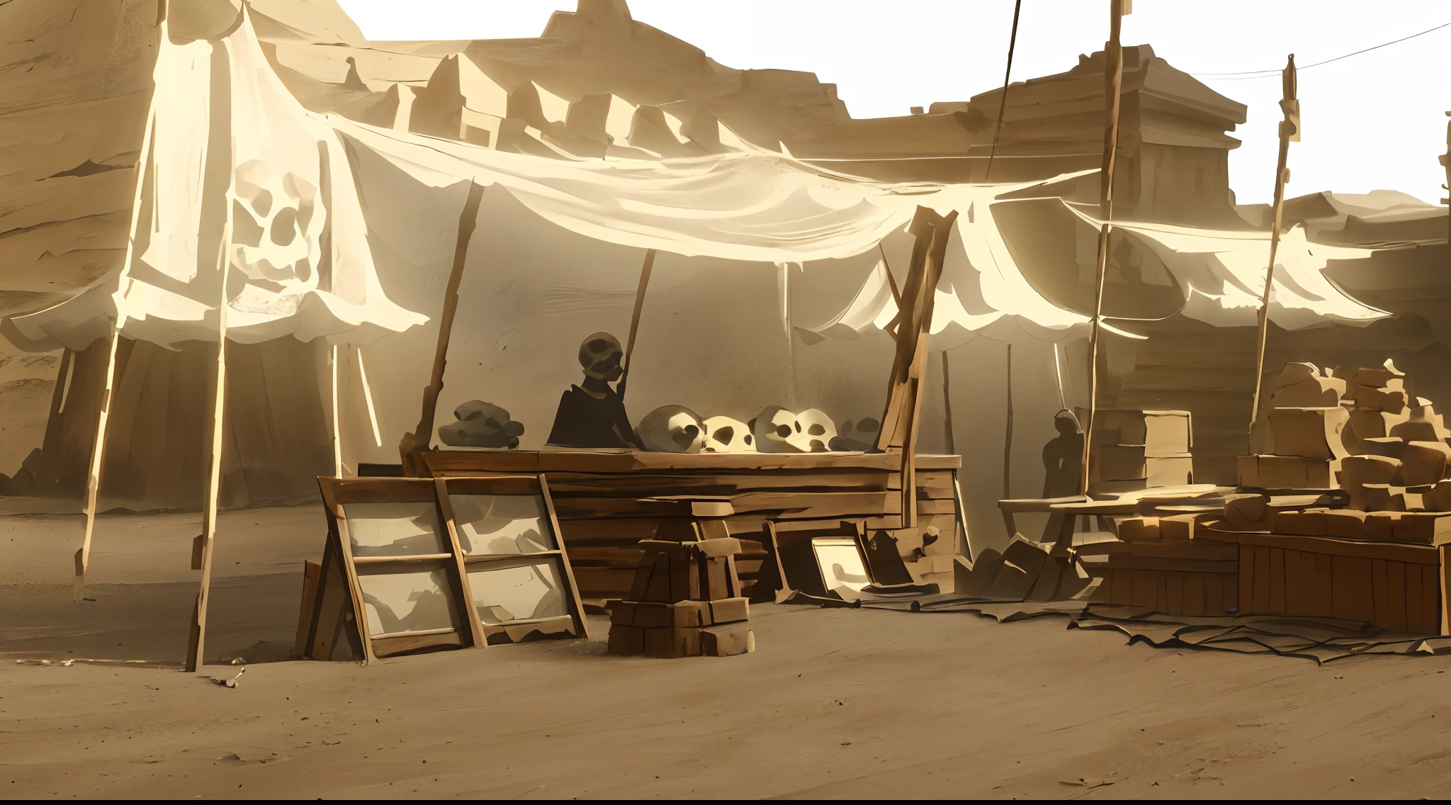 desert market building with lots of goods, lots of tents, sand and stone road, lots of tied ropes, lots of tables, lots of tall stone statues, lots of flags tied on ropes, Makoto Shinkai style render, anime style, 2D style render, bones and skulls, sand dunes, cloth roofs, wooden posts,