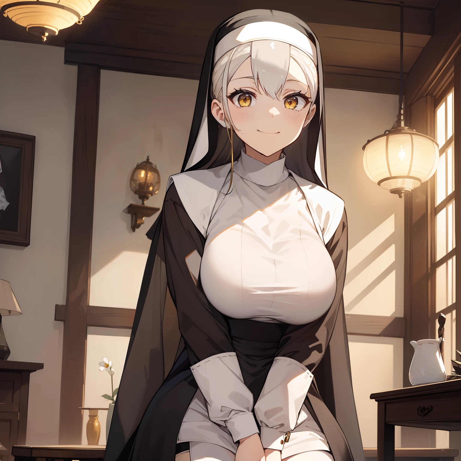 (masutepiece,Best Quality,8K),(extremely detailed CG1.1),1 girl,A smile,large boob,livingroom,(From below:1.2),Summer light,Intricate details , Hyper realistic, Perfect Anatomy,white hair,Yellow eyes,(((length hair))),Twin-tailed,hair slicked back,(((nun)))