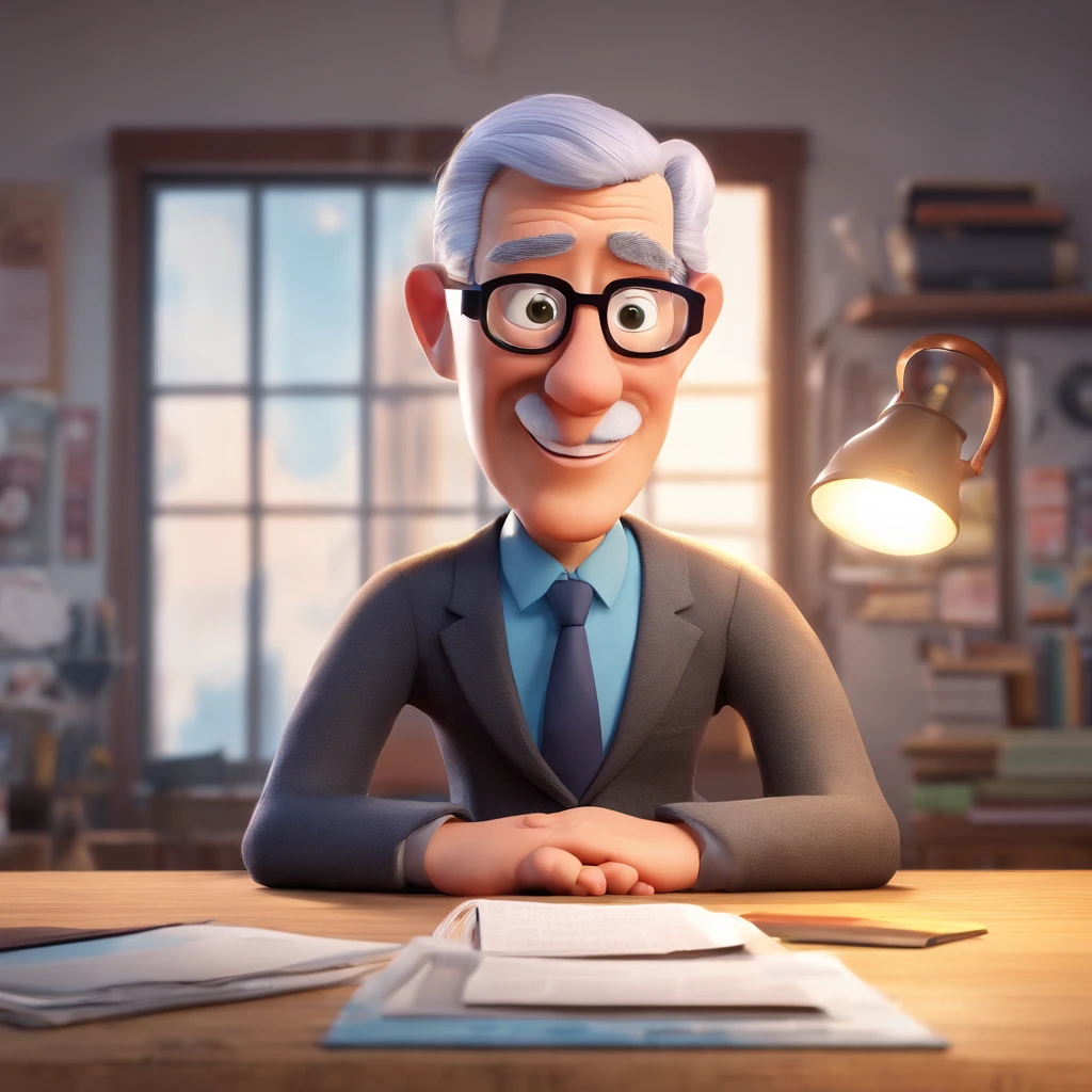 Create a Disney Pixar-inspired poster with the character being a gray-haired man wearing glasses, in an office with a Bible on the table, Looking forward and serious