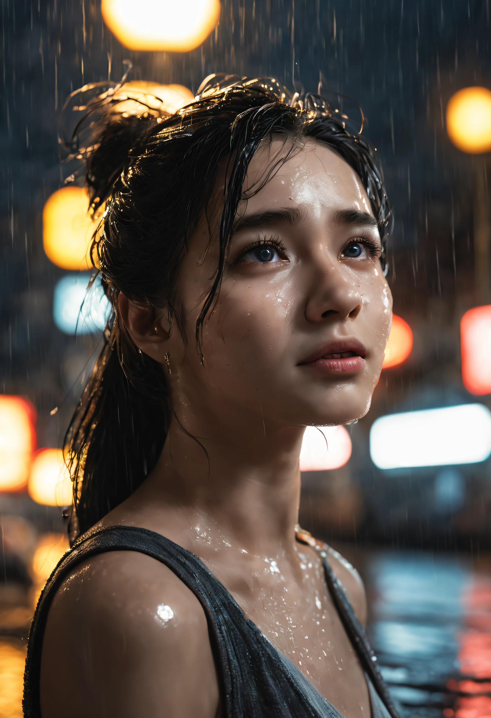 Photorealistic, Highest Quality, Top resolution, super detailed, 16 K, Movie Lighting, (rainy evening:1.4),(natta:1.4)、 (is crying:1.4),(Tears:1.4), Big tears, Wet in the rain, Wet hair, Street lamp light, Detailed eyes, Expression of sadness, Tears run down my cheeks, Angle of view like a classic movie, Works by famous directors, (1girl in:1.4),Best Quality, masutepiece, (Realistic:1.2), Young Woman, Lady, Detailed face, Detailed eyes, detailed hairs, Detailed skin,look at viewr, Dramatic, Vibrant, 50 millimeters,F1.2, EOS R8,(Best Quality Detail:1.2),8K High Definition,