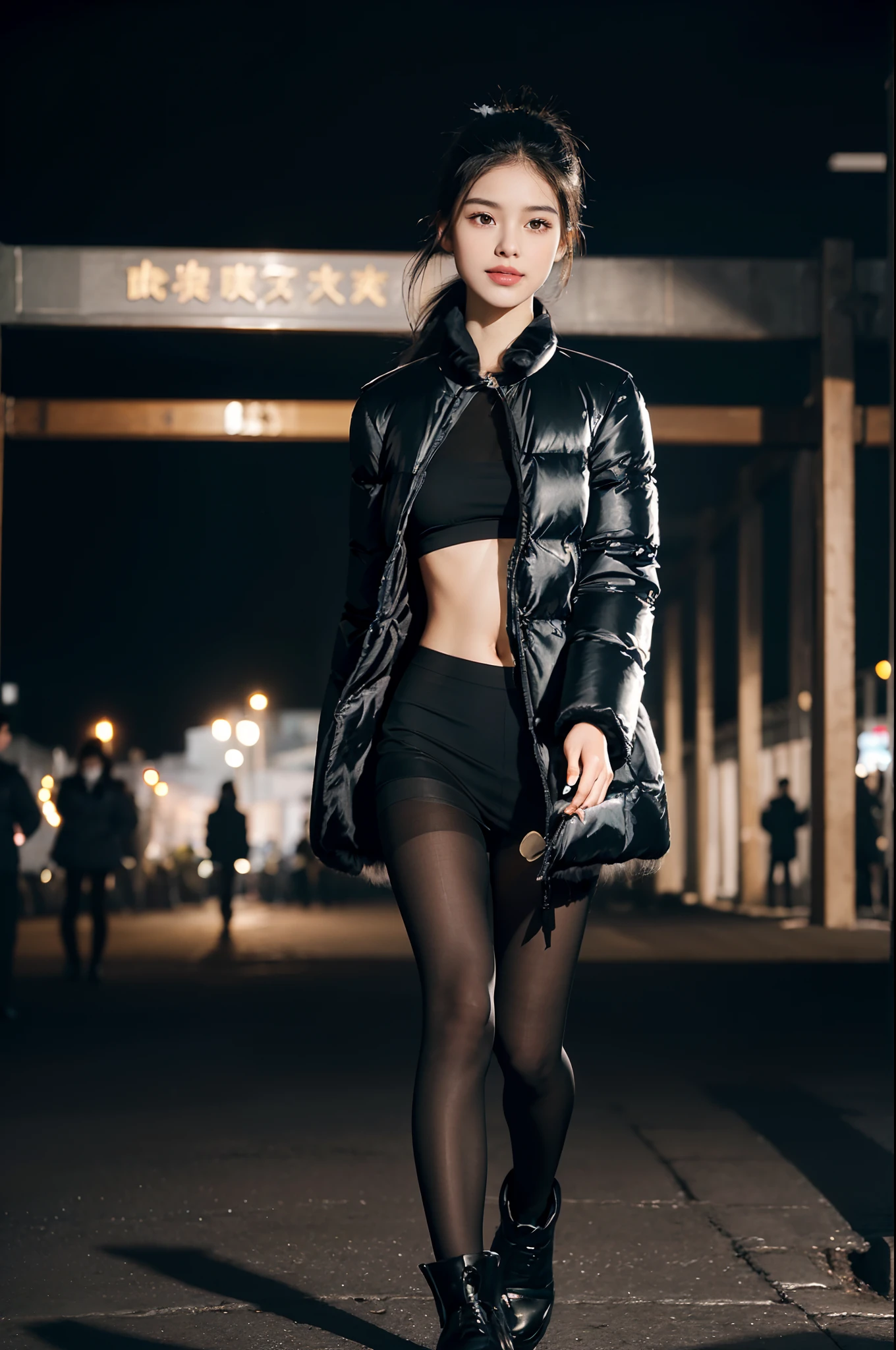 (shoulder length straight short black hair:1.2),((((8k))),(Extremely meticulous CG) ,(wallpaper),16k,(Extremely refined and beautiful），（Masterpiece），（best qualtiy：1.0），（Ultra High Resolution：1.0），beautiful light up，Perfect lightning，realistic shaded，[A high resolution],(Smooth and flawless fair skin:1.5),Extremely exquisite facial details,(perfect body：1.1),ultra - detailed,A beautiful girl,small head,(very short ponytail:1.2),(Small breasts:1.1),Flat chests，slim，thin，Smile，cheerfulness,(long black puffer coat:1.5),(see through black full body pantyhose:1.3),（black sneakers:1.2),slender legs,(nightfall:1.5),Sunset light,(Surrounded by a crowded crowd:1.5),At the school gate,(full body:1.1),from front