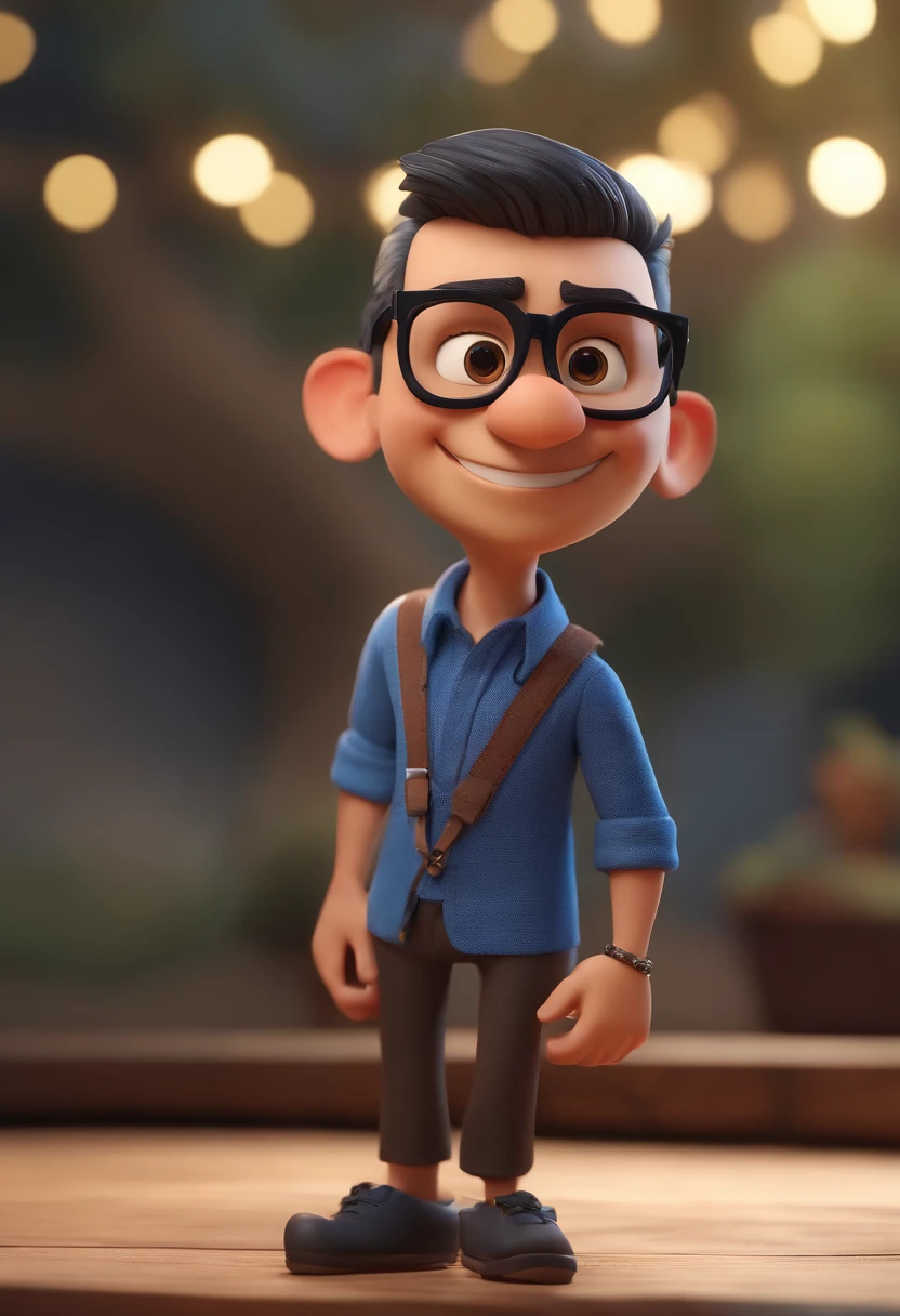 Cartoon character of a man wearing black glasses and a blue shirt, um personagem animado, Caractere estilizado, animation style rendering, 3D estilizado, Arnold Maya render, 3 d render stylized, toon render keyshot, Personagem 3D, Personagem 3D, 3d rendering stylized, 3 d character render, personagem de desenho animado, Personagem de close up, Pose de personagem, (Estilo Pixar) (master part:1.2) (Bokeh) (best quality) (pele detalhada) (textura detalhada) (8k) (argila) (Cinematic lighting) (foco nítido,Senta e vaza a parte superior do corpo