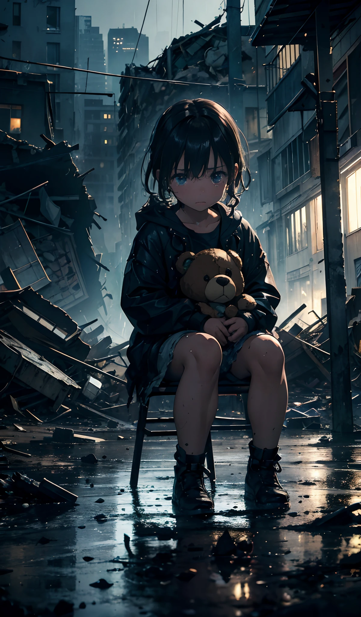 masterpiece, concept art, photography, child, sitting, tattered clothes, teddy bear doll beside her, focus shot, cinematic, crying, under heavy rain, night, rubble building in the background, sad, melancholy, (epic composition, epic proportion), volumetric lighting, reflection, HD