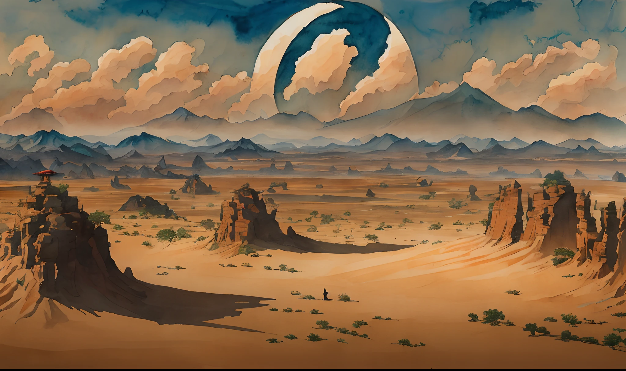 Chinese landscape painting,ink and watercolor painting,water ink,ink,Smudge,Desert vista,Ultra-wide viewing angle,Giant castle、Lonely Warrior、A huge planet in the sky、alien spaceship、Wild goose --auto --s2