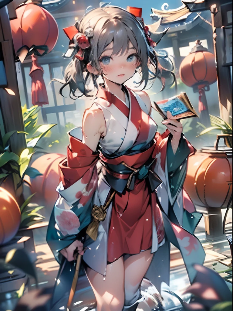 concept art, best quality, Detailed drawing, High resolution, HD, 4K, 1girl(solo, cute, kawaii, flat body, deep blue eyes, low twin tails, pale green shorthair), (red based Japanese shrine maiden's ceremonial dress, (short lengt:2), moe, bare shoulders, Detached sleeves:1.4, Knee socks, Absolute Area, Shinto shrine, hyper real, rich colored, detailed delicate cell anime work, beauty upper body shot, Glossy highlights that look like wet,