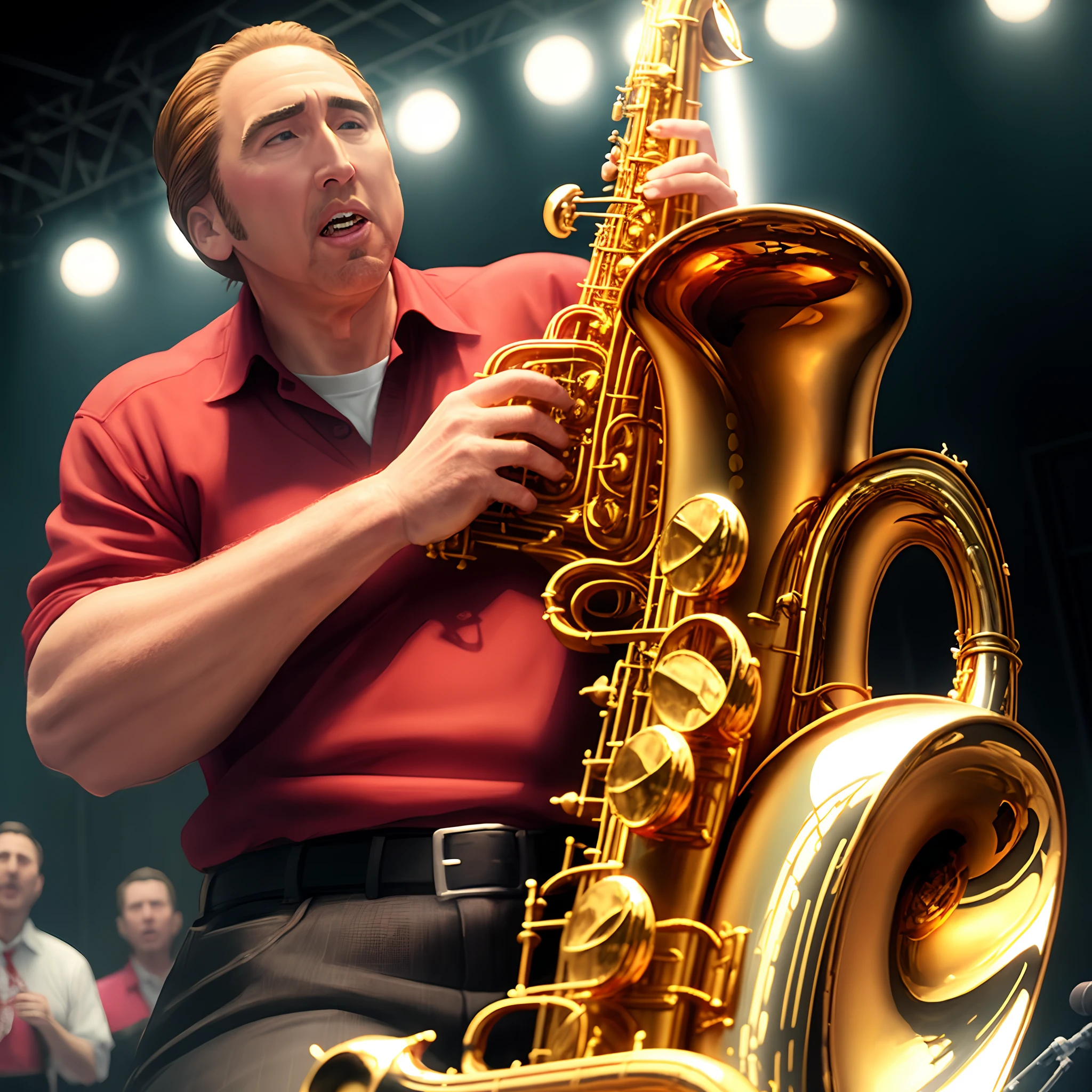 Nicholas cage playing a saxophone in Houston with Paul wall