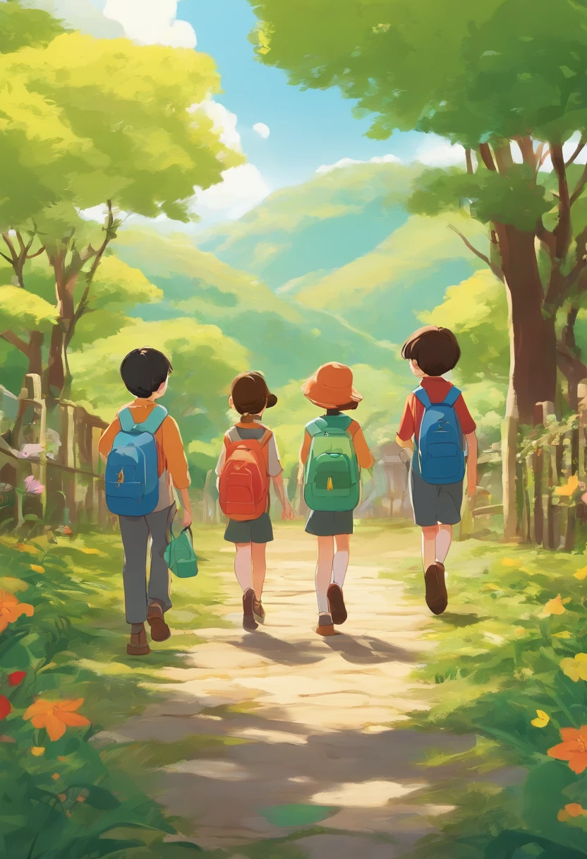 A group of primary school students went on a spring outing、cartoonish style、Bright colors、illustration、The aspect ratio of the image is 3:13、Upper white space 、in style of hayao miyazaki、Small Fresh、NOWAI