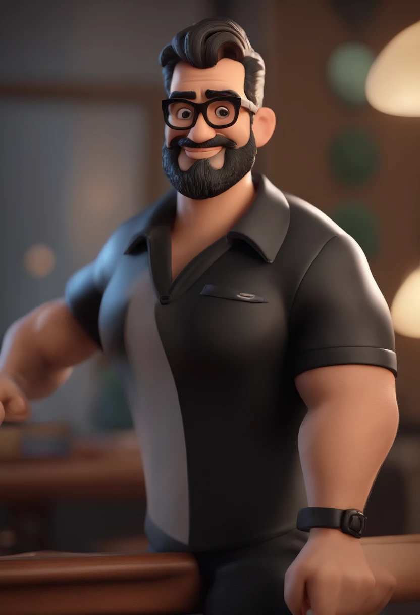 Cartoon character of a man with black glasses and a black polo shirt, cabelo liso, With beard and old school tattoo on his arm, animation character, Caractere estilizado, animation style rendering, 3D estilizado, Arnold Maya render, 3 d render stylized, toon render keyshot, Personagem 3D, Personagem 3D, 3d rendering stylized, 3 d character render, personagem de desenho animado, Personagem de close up, Pose de personagem,  (Estilo Pixar) (master part:1.2) (Bokeh) (best quality) (pele detalhada) (textura detalhada) (8k) (argila) (Cinematic lighting) (foco nítido