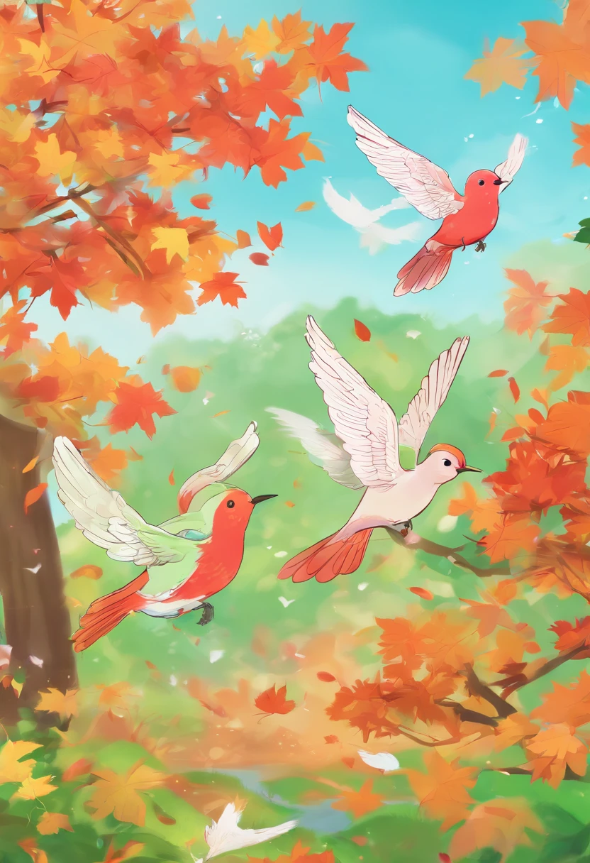 Two super cute green white-eyed birds spread their wings and fly among the autumn maple leaves, Maple Red, Flying birds, Beautiful scenery, Autumn, Red maple flying, Bird long shot tracking photo