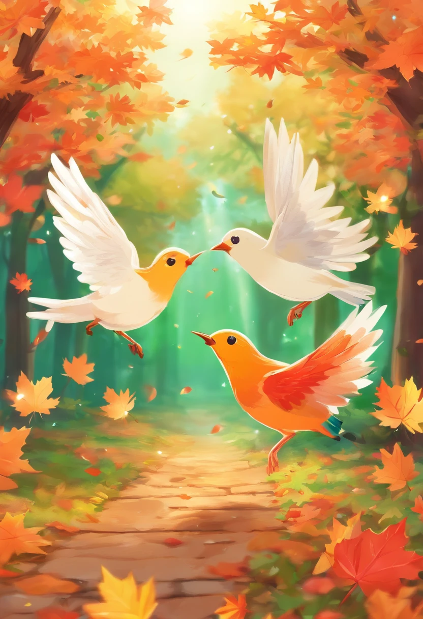 Two super cute green white-eyed birds spread their wings and fly among the autumn maple leaves, Maple Red, Flying birds, Beautiful scenery, Autumn, Red maple flying, Bird long shot tracking photo