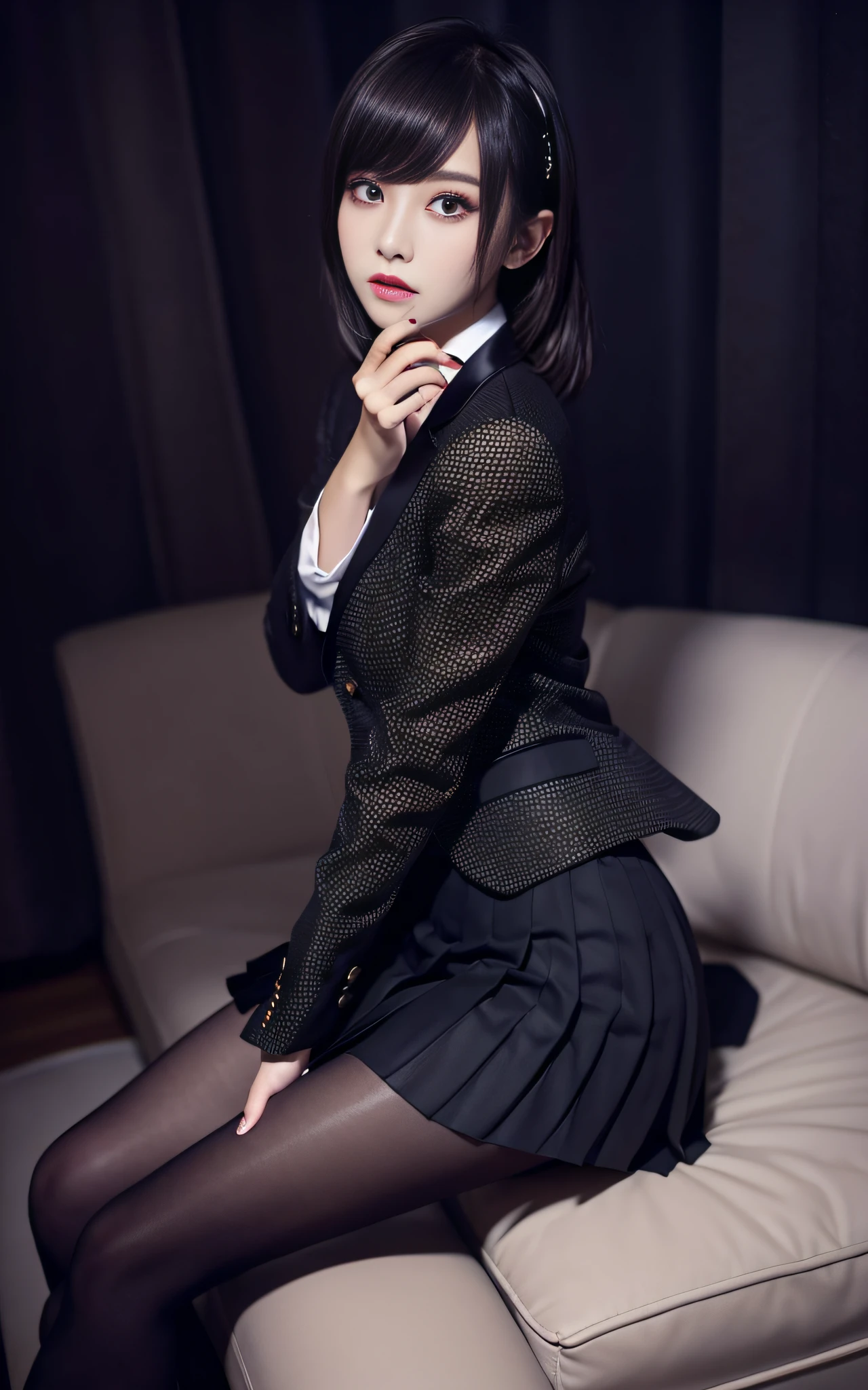 8K RAW photo, high resolution, ful body,  cool Korean, big round breasts, school uniform, tie, tie ribbon, blazer, skirt, beautiful eyes in detail, long eyelashes, beautiful double eyelids, eye shadow, slit eyes, sanpaku eyes, dark eye makeup, smile, teeth, happy face, beautiful thin legs, ((black underknee socks)), black hair, straight bob hair, round, earrings, bed, geek glasses, lying, ((hands cover how panties, spread legs, black panties, dark brown leather school shoes, legs, feets,