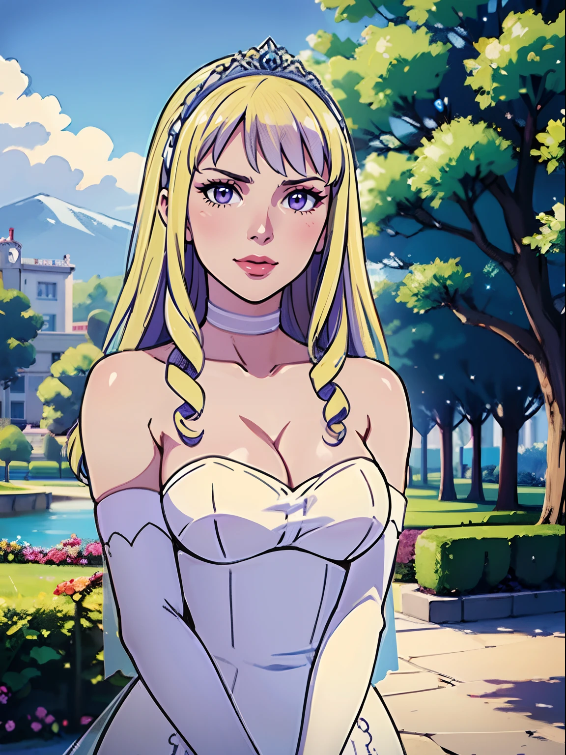 constance_timeskip, bangs, purple eyes, blonde hair, wearing makeup, lipstick, eye shadow, hair between eyes, ahoge, hair ornament, gloves, dress, cleavage, bare shoulders, collarbone, white oprea gloves, white gloves, white dress, strapless, white choker, tiara, veil, strapless dress, wedding dress, bridal veil, beautiful woman, perfect body, perfect breasts, wearing a wedding dress, ball gown, in the park trees, wedding decorations, looking at the viewer, in love smile, realism, masterpiece, textured skin, super detail, high detail, high quality, best quality, 1080p,