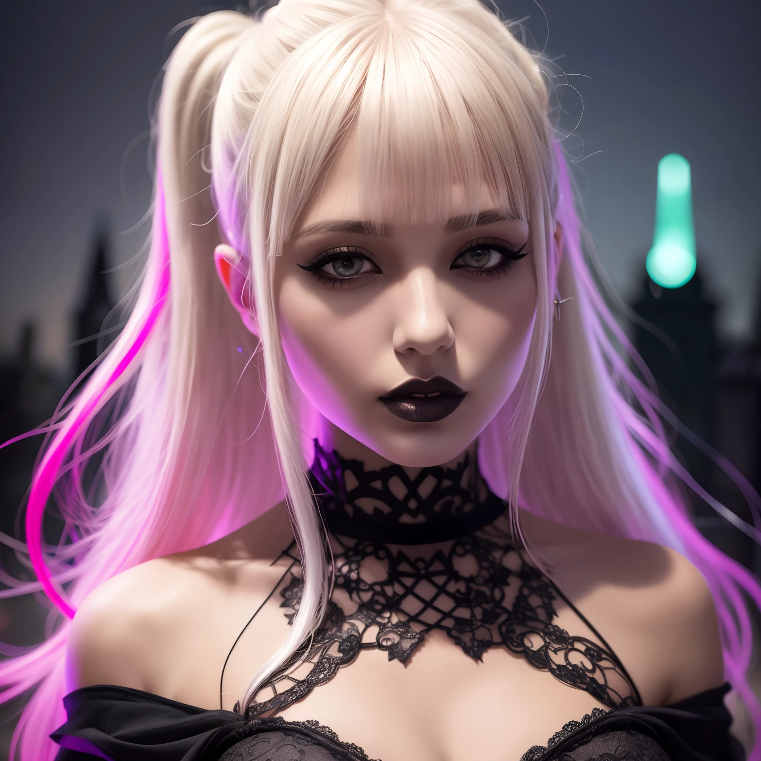 Photograph of a Gothic woman with brown tanned pale skin, long and voluminous white hair with turquoise and pink lights on it, she also has bangs on her hair, sharp honey brown eyes, she has piercings on her lips, nose and eyebrow, a thin and upturned nose, shapely lips, an hourglass body shape, dark clothes and makeup, a lot of black eyeshadow, intricate maximalist-detailed, vibrant, epic, smooth, cinematic, 4K, backlit, creepy graveyard background, and a deep depth of field
