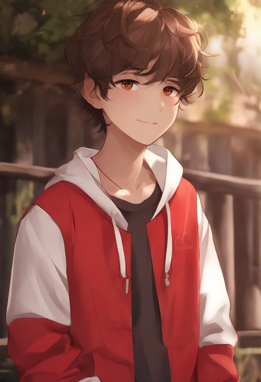1 boy, 13 years old, Brown eyes, Brown hair, with clases, with red sweatshirt