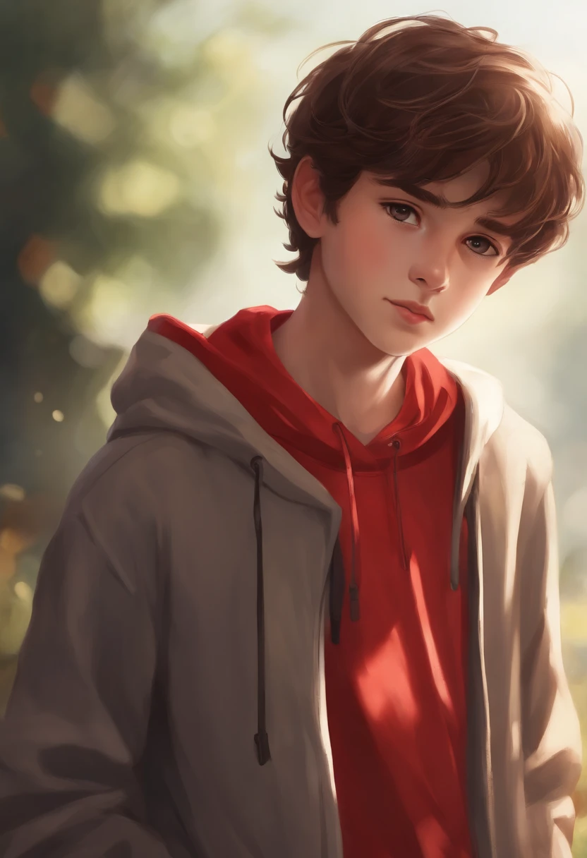 Portrait, 10 year old boy, young boy, cute, (freddie highmore), (Kyan), dark red hair, expressive green eyes, mischievous smile, cheeky grin, wearing a maroon hoodie, simple background, Highres, Masterpiece, Best quality, highly detailed, portrait view, super realistic hair
