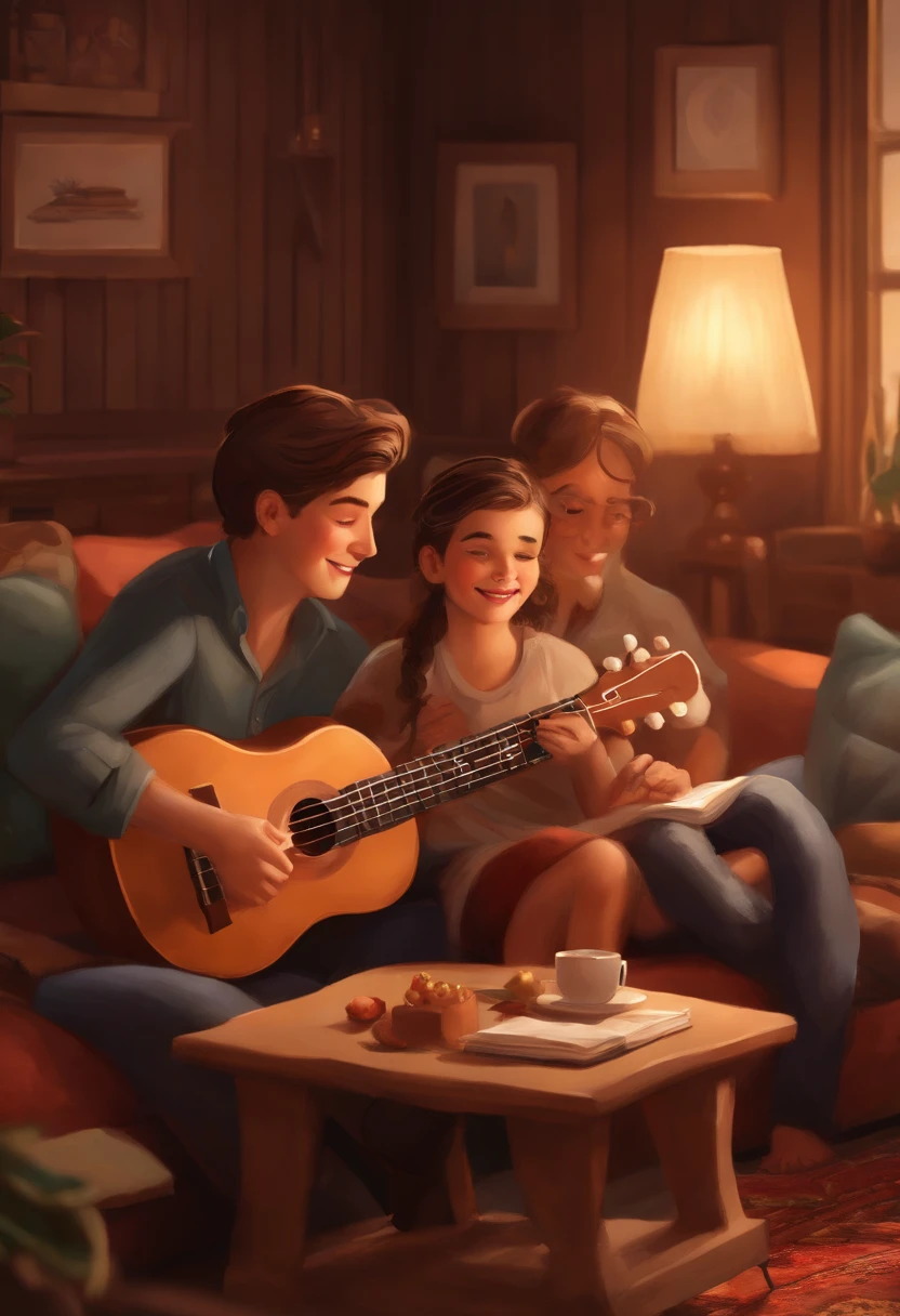 (a man playing ukulele), (2 boys), (1 girl), (realistic characters), (black sofa),(living room), [vibrant colors], (soft lighting), (best quality, highres), (detailed faces and expressions), (beautiful detailed eyes), (beautiful detailed lips), (long eyelashes), (comfortable clothes), (relaxed posture), (smiling faces), (cozy atmosphere), (decorative pillows), (wooden coffee table), (open book), (wall decorations), (warm carpet), [homely], (intimate setting), (joyful family bonding), (soothing music), (harmonious interaction), (happiness and laughter), (friendly and loving atmosphere)