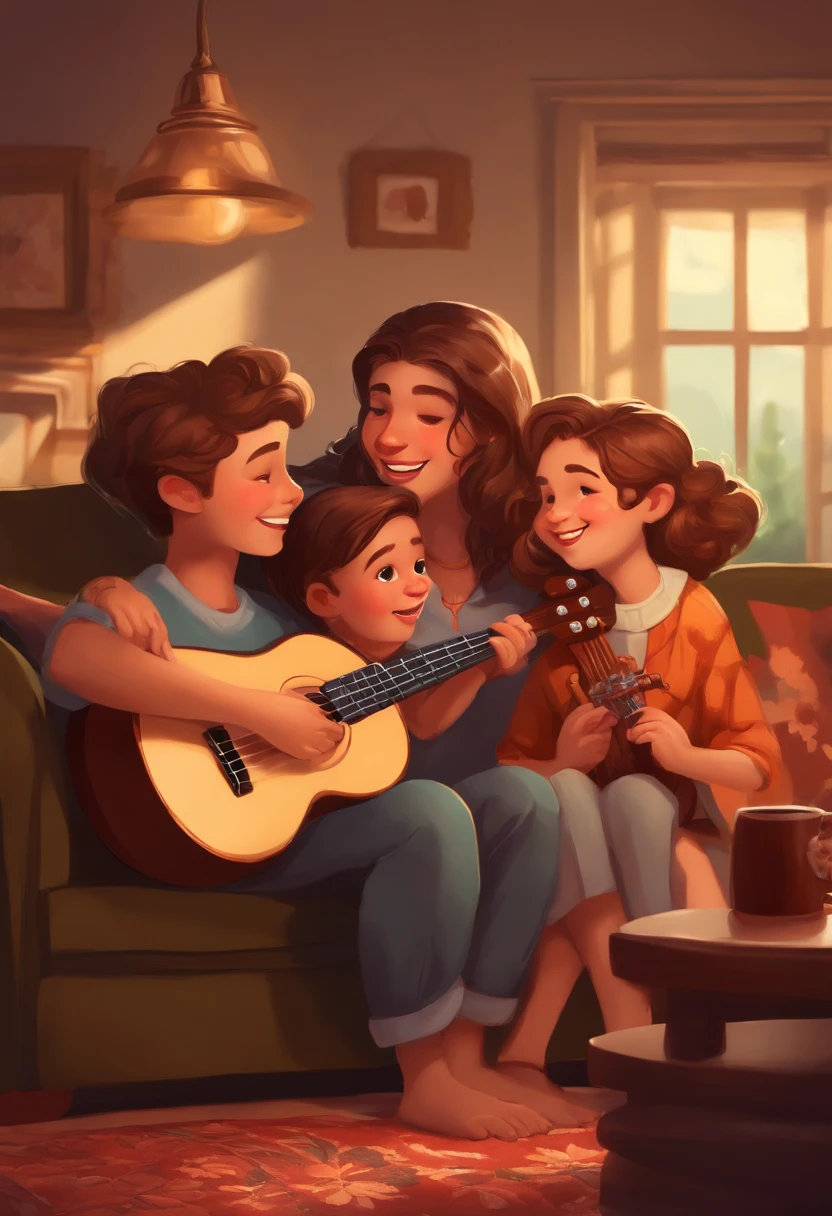 (a man playing ukulele), (2 boys), (1 girl), (realistic characters), (black sofa),(living room), [vibrant colors], (soft lighting), (best quality, highres), (detailed faces and expressions), (beautiful detailed eyes), (beautiful detailed lips), (long eyelashes), (comfortable clothes), (relaxed posture), (smiling faces), (cozy atmosphere), (decorative pillows), (wooden coffee table), (open book), (wall decorations), (warm carpet), [homely], (intimate setting), (joyful family bonding), (soothing music), (harmonious interaction), (happiness and laughter), (friendly and loving atmosphere)
