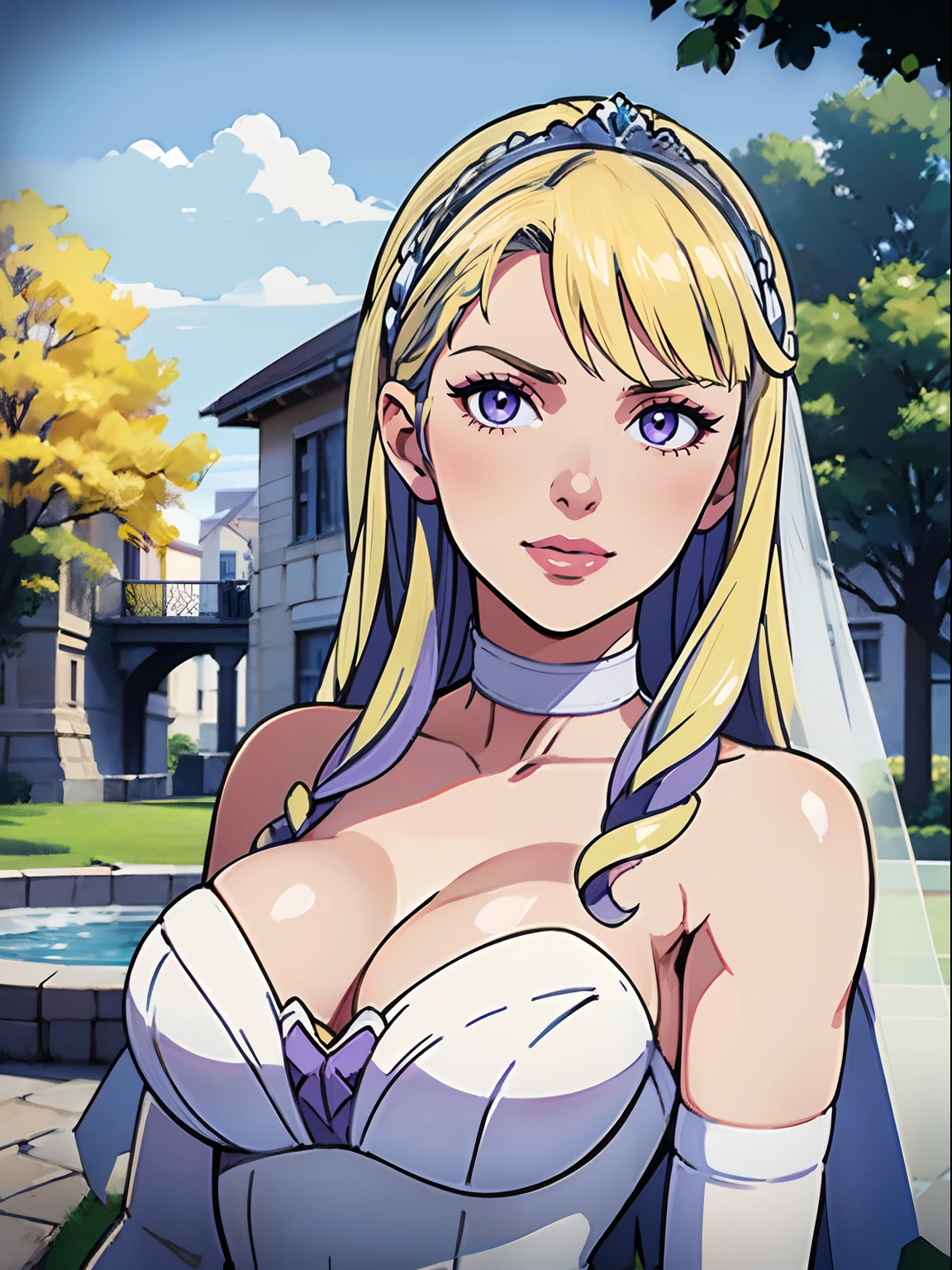 constance_timeskip, bangs, purple eyes, blonde hair, wearing makeup, lipstick, eye shadow, hair between eyes, ahoge, hair ornament, gloves, dress, cleavage, bare shoulders, collarbone, white oprea gloves, white gloves, white dress, strapless, white choker, tiara, veil, strapless dress, wedding dress, bridal veil, beautiful woman, perfect body, perfect breasts, wearing a wedding dress, ball gown, in the park trees, wedding decorations, looking at the viewer, in love smile, realism, masterpiece, textured skin, super detail, high detail, high quality, best quality, 1080p,