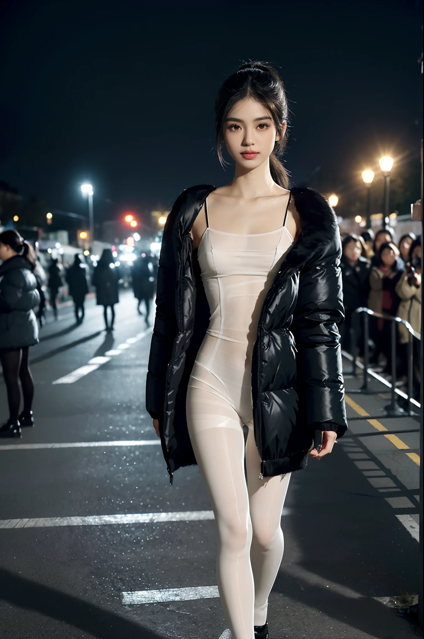 (shoulder length straight short black hair:1.2),((((8k))),(Extremely meticulous CG) ,(wallpaper),16k,(Extremely refined and beautiful），（Masterpiece），（best qualtiy：1.0），（Ultra High Resolution：1.0），beautiful light up，Perfect lightning，realistic shaded，[A high resolution],(Smooth and flawless fair skin:1.5),Extremely exquisite facial details,(perfect body：1.1),ultra - detailed,A beautiful girl,small head,(very short ponytail:1.2),(Small breasts:1.1),Flat chests，slim，thin，Smile，cheerfulness,(long black puffer coat:1.5),(see through black full body pantyhose:1.3),（black sneakers:1.2),slender legs,(nightfall:1.5),Sunset light,(Surrounded by a crowded crowd:1.5),At the school gate,(full body:1.1),from front