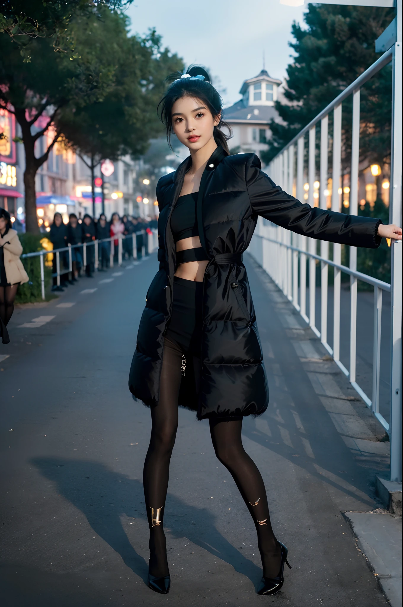 (shoulder length straight short black hair:1.2),((((8k))),(Extremely meticulous CG) ,(wallpaper),16k,(Extremely refined and beautiful），（Masterpiece），（best qualtiy：1.0），（Ultra High Resolution：1.0），beautiful light up，Perfect lightning，realistic shaded，[A high resolution],(Smooth and flawless fair skin:1.5),Extremely exquisite facial details,(perfect body：1.1),ultra - detailed,A beautiful girl,small head,(very short ponytail:1.2),(Small breasts:1.1),Flat chests，slim，thin，Smile，cheerfulness,(long black puffer coat:1.5),(see through black full body pantyhose:1.3),（black sneakers:1.2),slender legs,(nightfall:1.5),Sunset light,(Surrounded by a crowded crowd:1.5),At the school gate,(full body:1.1),from front