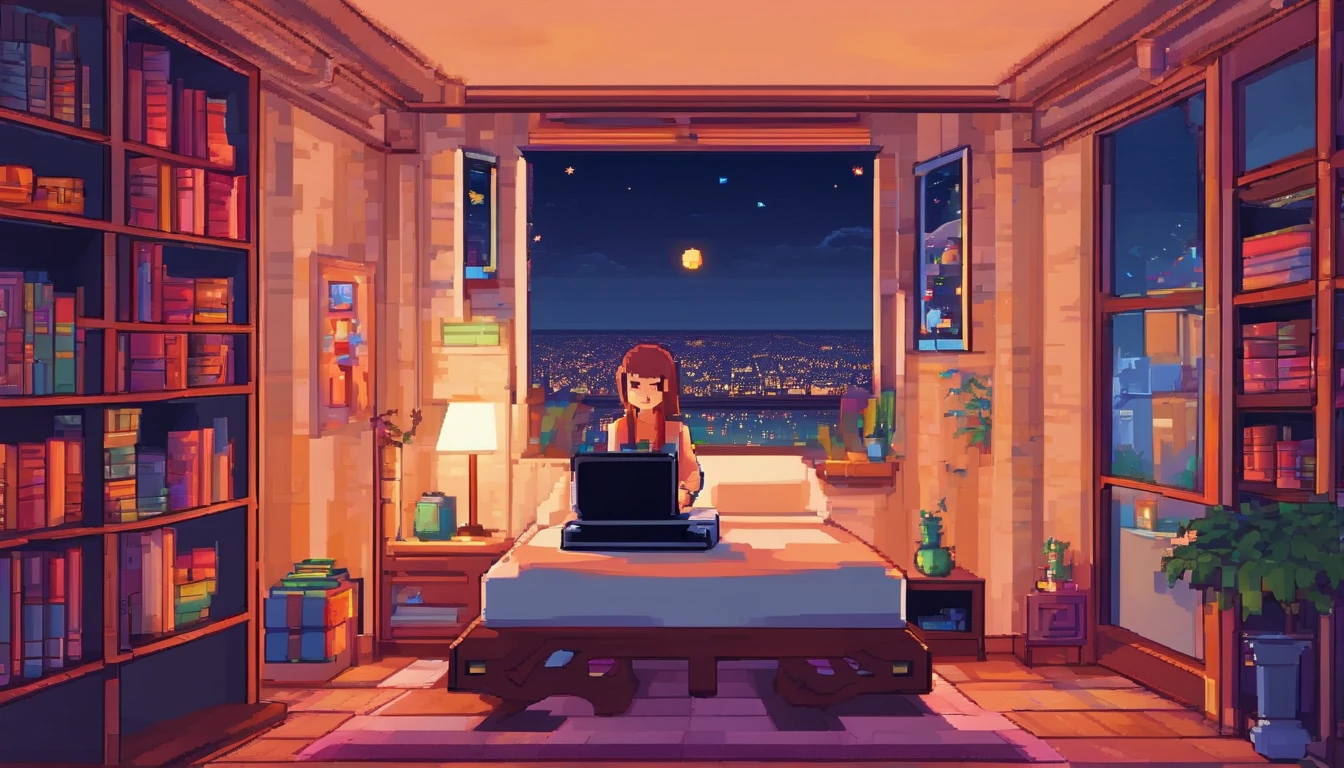 Beautiful teenager in her room in the city Waring ear cushions inlaid with a book computer in front of the stars in the window at night surreal,8K,Ultra-fine HD,Pixar style,High definition,16:9