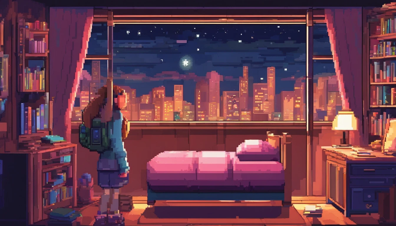 Beautiful teenager in her room in the city Waring ear cushions inlaid with a book computer in front of the stars in the window at night surreal,8K,Ultra-fine HD,Pixar style,High definition,16:9