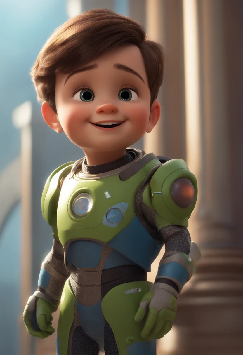 a happy cute  standing short hair, vestindo uma fantasia espacial, , fundo branco, barnet, tom, Estilo Pixar, ..3d, desenhos animados, rosto detalhado, asymmetrical 16k